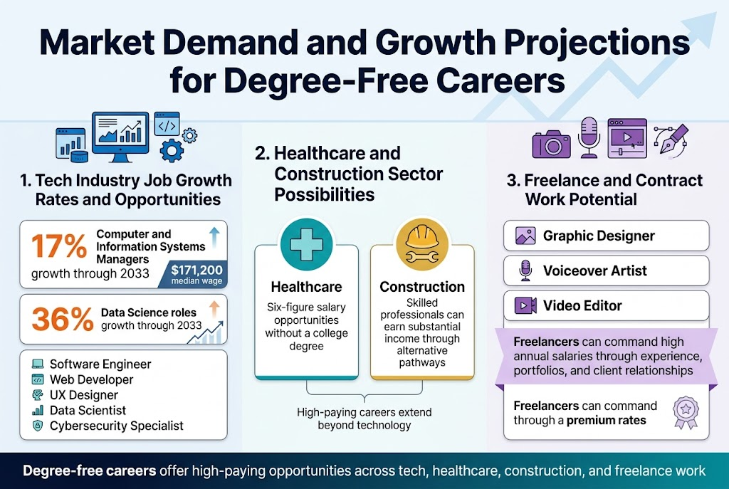 Create a clean, professional full-bleed infographic in a 3:2 aspect ratio, with a modern corporate style, white background, dark navy headings, blue and teal accent colors, and orange highlight numbers. Use bold sans-serif fonts for titles and clear readable sans-serif body text. No frame, no border, no inset margins.

Top header across the full width: large bold title text in dark navy: "Market Demand and Growth Projections for Degree-Free Careers". Add a subtle line chart or upward arrow motif behind the title in light blue.

Below the header, use three wide horizontal sections arranged in a multi-column layout, not a vertical poster.

LEFT SECTION: "1. Tech Industry Job Growth Rates and Opportunities"
Place a blue tech icon cluster at the top of this section: computer monitor, data graph, code brackets, gear. Include three stacked stat cards:
- Large orange number: "17%" with label "Computer and Information Systems Managers growth through 2033" and a small salary badge: "$171,200 median wage"
- Large orange number: "36%" with label "Data Science roles growth through 2033"
- A short bullet list with small icons: "Software Engineer", "Web Developer", "UX Designer", "Data Scientist", "Cybersecurity Specialist"
Use upward arrows and small line chart icons next to the growth stats.

CENTER SECTION: "2. Healthcare and Construction Sector Possibilities"
Use two side-by-side cards in this section, one with a teal medical cross icon and one with a gold construction hard hat and wrench icon.
Card text:
- "Healthcare" with subtext: "Six-figure salary opportunities without a college degree"
- "Construction" with subtext: "Skilled professionals can earn substantial income through alternative pathways"
Add a simple connector line or bridge graphic between the two cards and a small caption beneath them: "High-paying careers extend beyond technology"

RIGHT SECTION: "3. Freelance and Contract Work Potential"
Use a purple creative icon cluster: camera, microphone, editing timeline, design pen. Include three stacked cards with small icons:
- "Graphic Designer"
- "Voiceover Artist"
- "Video Editor"
Add a highlighted line in a purple banner: "Freelancers can command high annual salaries through experience, portfolios, and client relationships"
Include a subtle star or award icon next to "premium rates"

Bottom strip across the full width: a concise takeaway bar with a bold navy label and teal accent:
"Degree-free careers offer high-paying opportunities across tech, healthcare, construction, and freelance work"

Use clear spacing, strong hierarchy, and visual balance. Keep all text crisp and legible. Include small arrows, icons, and clean dividers between sections.