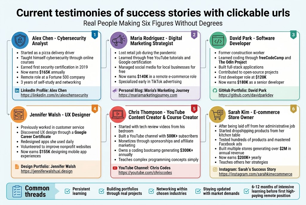 Create a clean, professional full-bleed infographic illustration in a 3:2 aspect ratio with a modern corporate style, white background, blue and teal accent colors, subtle gray dividers, bold sans-serif typography for headings, and smaller readable sans-serif text for body copy. 

Top header across the full width:
"Current testimonies of success stories with clickable urls"
Subheading beneath in smaller text:
"Real People Making Six Figures Without Degrees"

Main layout: a wide 2-row, 3-column grid of profile cards with icons, each card containing a small circular avatar-style icon, a role label, a short success summary, income highlight, and a clickable URL line. Use clean section blocks with thin borders and colored accent bars.

Top row, left card:
Blue cybersecurity shield icon.
"Alex Chen - Cybersecurity Analyst"
"Started as a pizza delivery driver"
"Taught himself cybersecurity through online courses"
"Earned first security certification in 2019"
"Now earns $165K annually"
"Remote role at a Fortune 500 company"
"3 years of self-study and networking"
"LinkedIn Profile: Alex Chen"
"https://linkedin.com/in/alexchensecurity"

Top row, center card:
Purple megaphone and chart icon.
"Maria Rodriguez - Digital Marketing Strategist"
"Lost retail job during the pandemic"
"Learned through free YouTube tutorials and Google certification"
"Managed social media for local businesses for free"
"Now earns $140K in a remote e-commerce role"
"Specialized early in TikTok advertising"
"Personal Blog: Maria's Marketing Journey"
"https://mariamarketingjourney.com"

Top row, right card:
Green code brackets icon.
"David Park - Software Developer"
"Former construction worker"
"Learned coding through freeCodeCamp and The Odin Project"
"Built full-stack applications"
"Contributed to open-source projects"
"First developer role at $120K"
"Now earns $180K as a senior developer"
"GitHub Portfolio: David Park"
"https://github.com/davidparkdev"

Bottom row, left card:
Orange UX wireframe icon.
"Jennifer Walsh - UX Designer"
"Previously worked in customer service"
"Discovered UX design through a Google Career Certificate"
"Redesigned apps she used daily"
"Volunteered to improve nonprofit websites"
"Now earns $155K designing mobile app experiences"
"Design Portfolio: Jennifer Walsh"
"https://jenniferwalshuxi.design"

Bottom row, center card:
Red play button and laptop icon.
"Chris Thompson - YouTube Content Creator & Course Creator"
"Started with tech review videos from his bedroom"
"Built a YouTube channel with 500K+ subscribers"
"Monetizes through sponsorships and affiliate marketing"
"Owns a coding bootcamp generating $300K+ annually"
"Teaches complex programming concepts simply"
"YouTube Channel: Chris Codes"
"https://youtube.com/chriscodes"

Bottom row, right card:
Gold shopping cart and ad icon.
"Sarah Kim - E-commerce Store Owner"
"After being laid off from her administrative job"
"Started dropshipping products from her kitchen table"
"Tested hundreds of products and mastered Facebook ads"
"Built multiple stores generating over $2M in annual revenue"
"Now earns $200K+ yearly"
"Teaches others her strategies"
"Instagram: Sarah's Success Story"
"https://instagram.com/sarahkimecommerce"

Bottom band across the full width with a highlighted summary box and checklist icons:
"Common threads"
"Persistent learning"
"Building portfolios through real projects"
"Networking within chosen industries"
"Staying updated with market demands"
"6-12 months of intensive learning before first high-paying remote position"

Use small numbered badges 1 through 6 on each profile card, with matching icon colors, clear spacing, and strong visual hierarchy. Add subtle arrows or connecting lines between the common threads and the profile cards. Ensure all URLs are clearly displayed as text within each card.