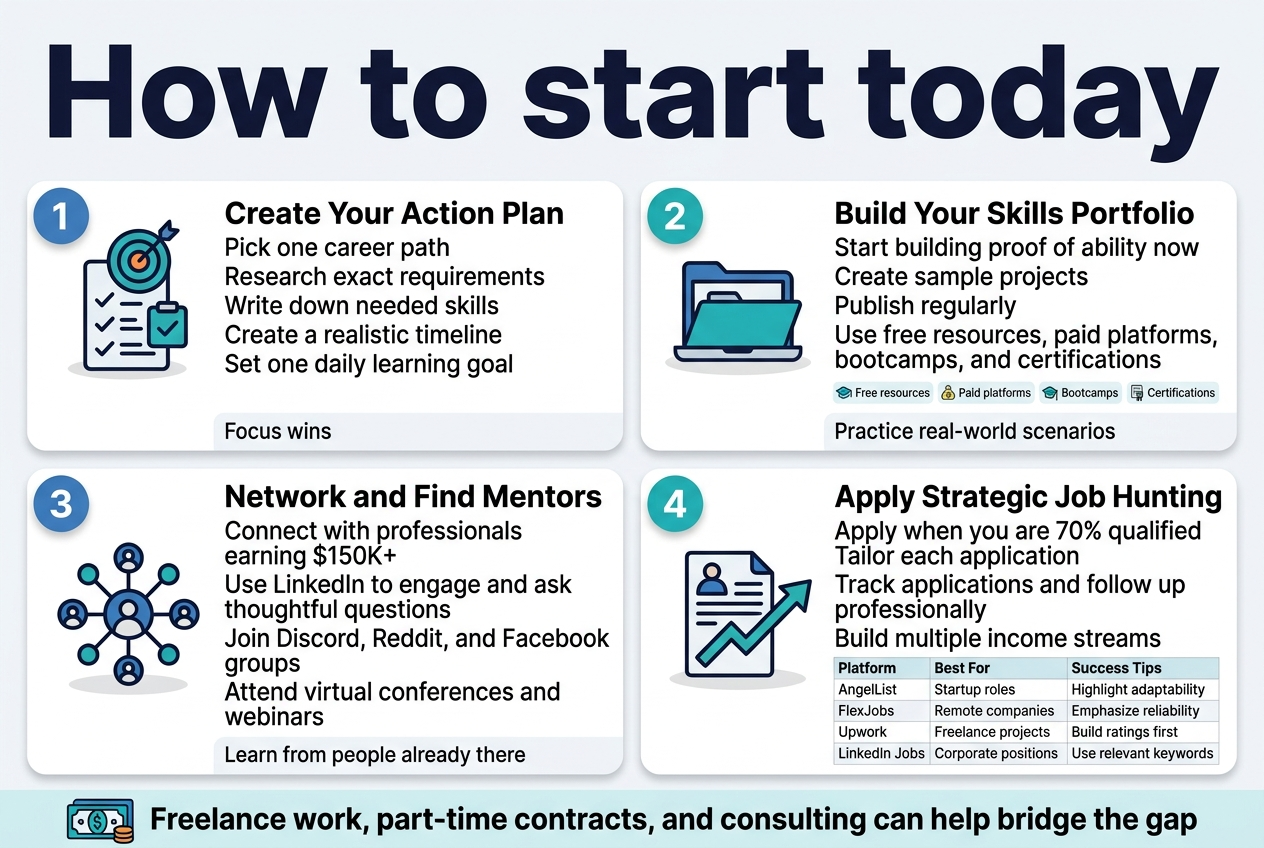 Create a clean professional infographic illustration in a 3:2 aspect ratio, full-bleed layout, wide horizontal composition, modern flat vector style, white background with blue, teal, navy, and orange accents, bold sans-serif typography, strong visual hierarchy, subtle shadows, crisp icons.

Top header across the full width: large bold title text in dark navy: "How to start today"

Below the header, arrange four wide horizontal section blocks in a 2x2 grid or two-column layout with clear spacing, each block with a colored numbered circle icon on the left and a simple matching icon.

Section 1, top-left block:
Numbered circle "1" with a target/checklist icon.
Heading text: "Create Your Action Plan"
Body text in short readable lines:
"Pick one career path"
"Research exact requirements"
"Write down needed skills"
"Create a realistic timeline"
"Set one daily learning goal"
Small caption line at bottom: "Focus wins"

Section 2, top-right block:
Numbered circle "2" with a portfolio folder or laptop icon.
Heading text: "Build Your Skills Portfolio"
Body text:
"Start building proof of ability now"
"Create sample projects"
"Publish regularly"
"Use free resources, paid platforms, bootcamps, and certifications"
Add a small horizontal list with tiny icons and labels:
"Free resources"
"Paid platforms"
"Bootcamps"
"Certifications"
Bottom note: "Practice real-world scenarios"

Section 3, bottom-left block:
Numbered circle "3" with a network/people icon.
Heading text: "Network and Find Mentors"
Body text:
"Connect with professionals earning $150K+"
"Use LinkedIn to engage and ask thoughtful questions"
"Join Discord, Reddit, and Facebook groups"
"Attend virtual conferences and webinars"
Bottom note: "Learn from people already there"

Section 4, bottom-right block:
Numbered circle "4" with a job application and growth arrow icon.
Heading text: "Apply Strategic Job Hunting"
Body text:
"Apply when you are 70% qualified"
"Tailor each application"
"Track applications and follow up professionally"
"Build multiple income streams"
Small 2-column mini table with clear labels:
"Platform | Best For | Success Tips"
"AngelList | Startup roles | Highlight adaptability"
"FlexJobs | Remote companies | Emphasize reliability"
"Upwork | Freelance projects | Build ratings first"
"LinkedIn Jobs | Corporate positions | Use relevant keywords"

Across the bottom edge, a slim highlighted banner with a money and progress icon and bold text:
"Freelance work, part-time contracts, and consulting can help bridge the gap"

Use clean icons for each section, consistent line style, ample whitespace, aligned text blocks, readable infographic typography, no people, no photo realism, no decorative frame, no inset margins.