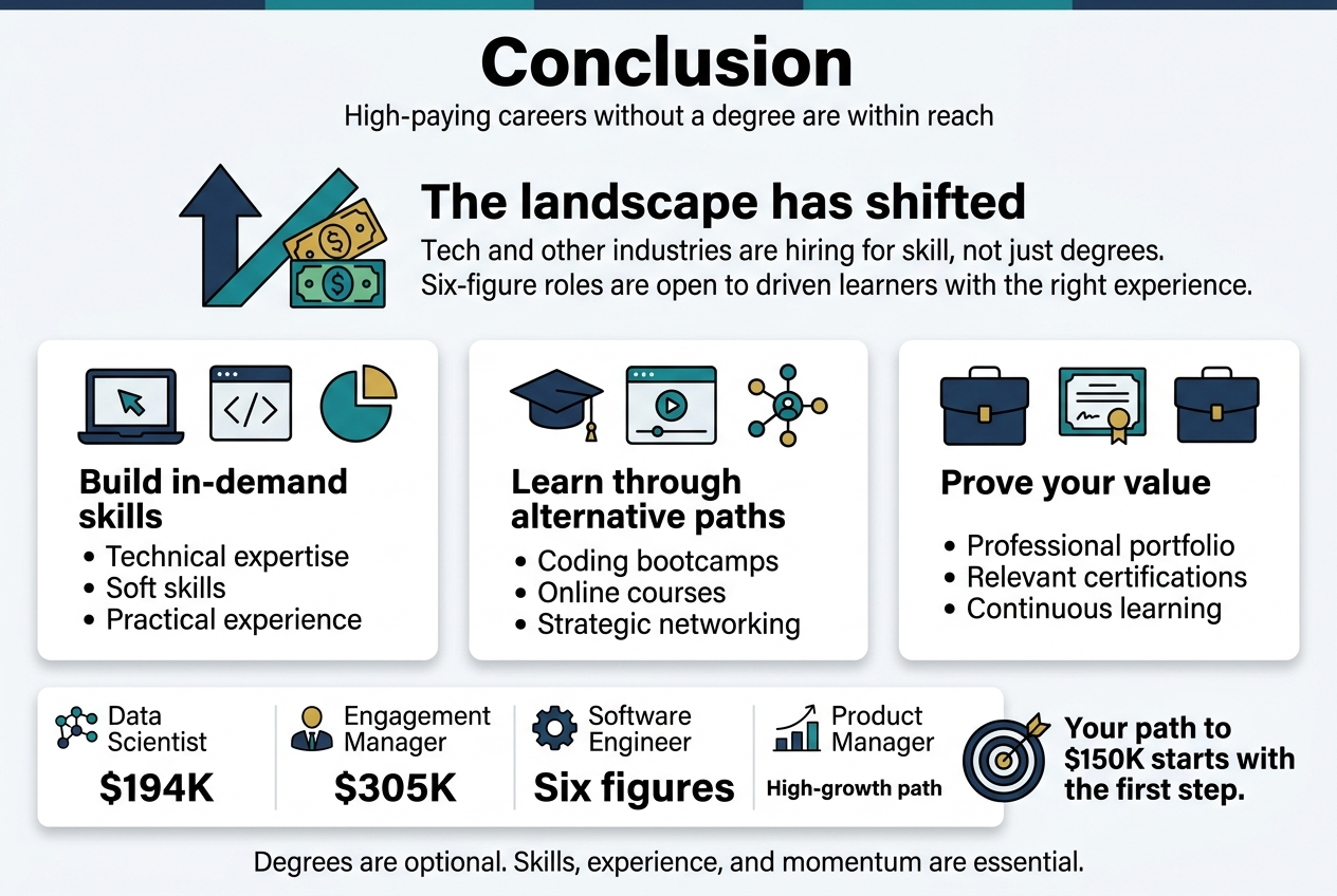 Full-bleed professional infographic in a clean modern style, aspect ratio 3:2, white background with navy, teal, and gold accents, bold sans-serif typography, strong visual hierarchy, wide horizontal layout with multi-column sections.

Top header across full width:
Large bold title centered at top: "Conclusion"
Small subtitle beneath: "High-paying careers without a degree are within reach"

Center-left main section with a large upward arrow and salary icons:
Headline block: "The landscape has shifted"
Supporting text in two short lines:
"Tech and other industries are hiring for skill, not just degrees."
"Six-figure roles are open to driven learners with the right experience."

Three wide content blocks arranged horizontally across the middle, each with a clear icon:
1. Left block with a laptop, code brackets, and chart icon
Title: "Build in-demand skills"
Bullets:
"Technical expertise"
"Soft skills"
"Practical experience"

2. Middle block with a bootcamp cap, online course window, and network nodes icon
Title: "Learn through alternative paths"
Bullets:
"Coding bootcamps"
"Online courses"
"Strategic networking"

3. Right block with a briefcase, certificate, and portfolio icon
Title: "Prove your value"
Bullets:
"Professional portfolio"
"Relevant certifications"
"Continuous learning"

Bottom wide strip with four career tiles and salary callouts, each with a small icon and bold dollar figure:
Tile 1: "Data Scientist" — "$194K"
Tile 2: "Engagement Manager" — "$305K"
Tile 3: "Software Engineer" — "Six figures"
Tile 4: "Product Manager" — "High-growth path"

Lower-right callout box with a target icon and bold statement:
"Your path to $150K starts with the first step."

Footer line in smaller text across bottom:
"Degrees are optional. Skills, experience, and momentum are essential."

Use clear section dividers, subtle shadows, and concise spacing. Keep all text sharp and readable, with icons aligned to each section. No extra decorative text.