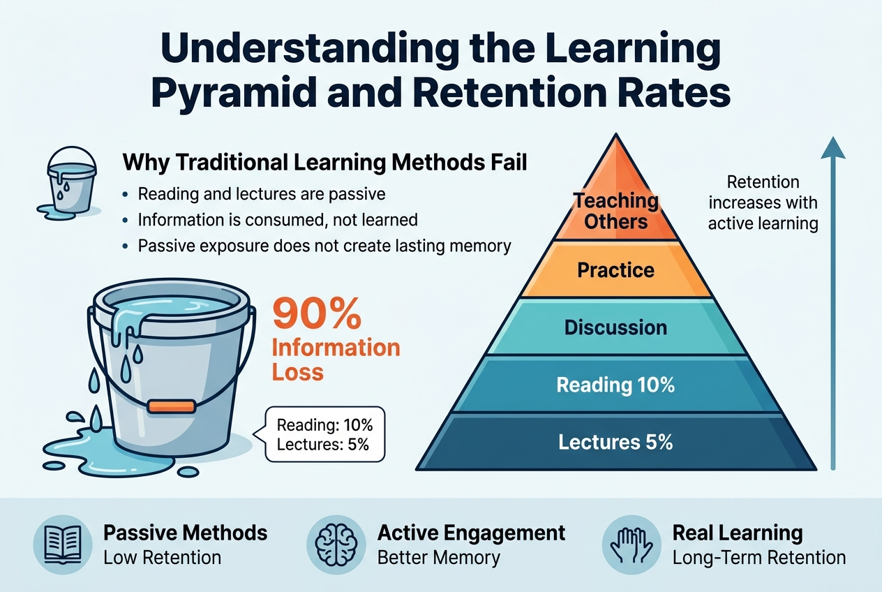 Create a clean modern infographic illustration in a full-bleed 3:2 landscape layout with no border or inset frame. Use a professional flat-vector style with crisp lines, subtle gradients, and a blue-teal-orange palette on a light background.

Top center: bold large headline in dark navy text, exact wording: "Understanding the Learning Pyramid and Retention Rates"

Upper left section: a wide text block with a small icon of a leaking bucket beside it. Include the section title in bold: "Why Traditional Learning Methods Fail". Under it, show three short bullet points with simple dot markers:
• "Reading and lectures are passive"
• "Information is consumed, not learned"
• "Passive exposure does not create lasting memory"

Middle left section: a large illustrated bucket with 90% of the water leaking out, labeled in bold orange: "90% Information Loss". Under the bucket, add a small callout box with exact text:
"Reading: 10%"
"Lectures: 5%"

Right half of the design: a large colorful Learning Pyramid graphic with stacked horizontal layers rising upward, each layer wider at the bottom and narrower at the top. Place clear labels inside each layer:
Bottom layer: "Lectures 5%"
Second layer: "Reading 10%"
Third layer: "Discussion"
Fourth layer: "Practice"
Top layer: "Teaching Others"
Add a vertical arrow on the right side of the pyramid pointing upward with the label: "Retention increases with active learning"

Bottom wide band across the page: three icon-and-text blocks spaced evenly from left to right. Use a book icon, a brain icon, and a hands-on practice icon. Exact text for each block:
"Passive Methods"
"Low Retention"
"Active Engagement"
"Better Memory"
"Real Learning"
"Long-Term Retention"

Use strong visual hierarchy, bold headings, readable sans-serif typography, and high contrast. Keep spacing clean and balanced. Make the pyramid and the leaking bucket the main focal visuals.