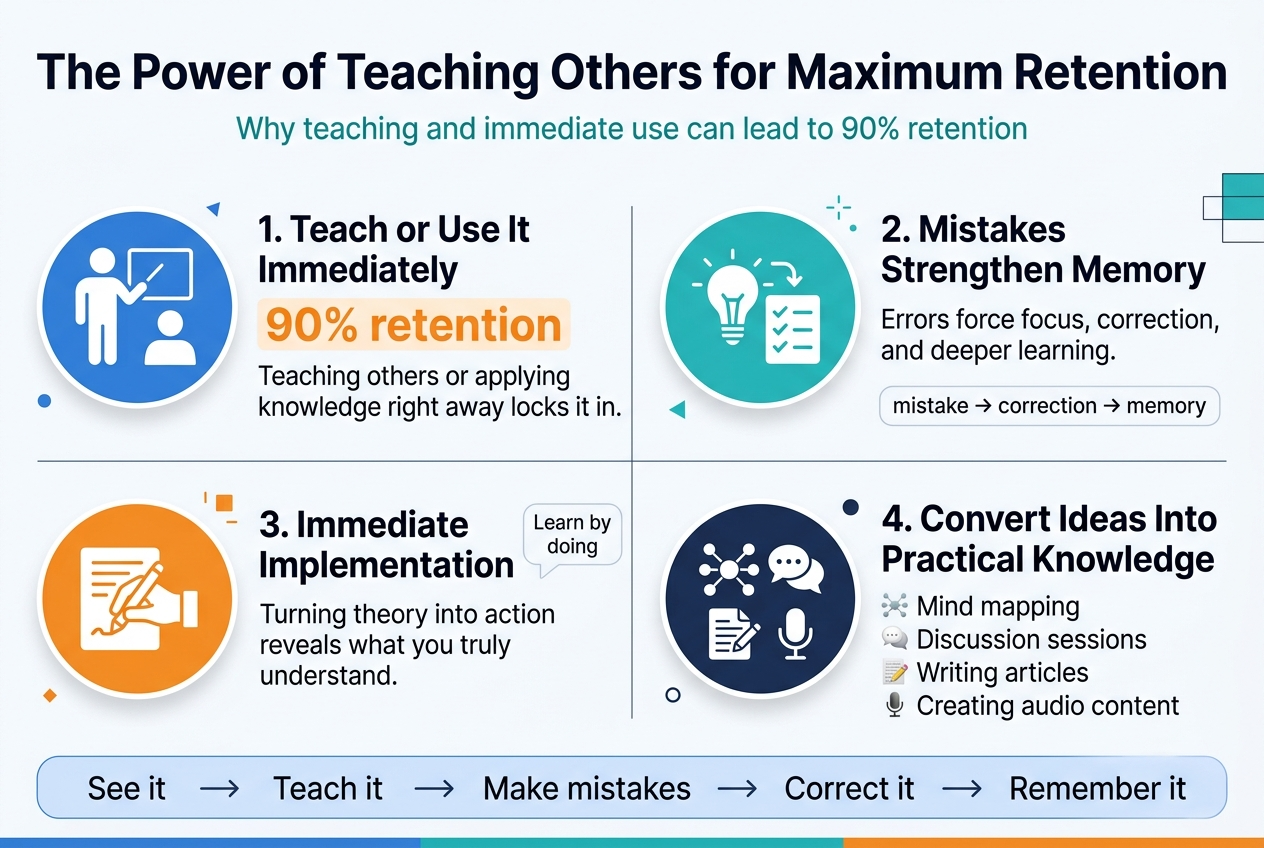 Create a full-bleed clean professional infographic in a 3:2 aspect ratio, with a modern flat vector style, crisp typography, and a white background with blue, teal, and orange accents.

Top header spanning the full width:
Bold title in large dark navy text: "The Power of Teaching Others for Maximum Retention"
Small subtitle beneath in teal: "Why teaching and immediate use can lead to 90% retention"

Main layout: a wide 2-row, 2-column grid of four large content blocks across the center, with clear section dividers, icons, and short text callouts.

Top-left block:
Blue circular icon of a person teaching another person.
Heading: "1. Teach or Use It Immediately"
Large highlighted stat in orange: "90% retention"
Short supporting text: "Teaching others or applying knowledge right away locks it in."

Top-right block:
Teal circular icon of a lightbulb and checklist.
Heading: "2. Mistakes Strengthen Memory"
Short text: "Errors force focus, correction, and deeper learning."
Add small arrow loop icon showing "mistake → correction → memory"

Bottom-left block:
Orange circular icon of a hand writing on paper.
Heading: "3. Immediate Implementation"
Short text: "Turning theory into action reveals what you truly understand."
Include a small side label in a rounded box: "Learn by doing"

Bottom-right block:
Navy circular icon set showing four methods: mind map, speech bubbles, writing document, audio microphone.
Heading: "4. Convert Ideas Into Practical Knowledge"
Bullet list with small icons:
"Mind mapping"
"Discussion sessions"
"Writing articles"
"Creating audio content"

Across the bottom, a horizontal summary band with a subtle blue gradient and a simple flow diagram:
"See it" → "Teach it" → "Make mistakes" → "Correct it" → "Remember it"
Use clean arrows between each step.

Typography: bold sans-serif for headings, medium sans-serif for body text, highly legible, strong hierarchy, dark navy body text with teal and orange highlights. Add minimal geometric accents and soft shadows. No extra text, no frames, no borders outside the full-bleed layout.