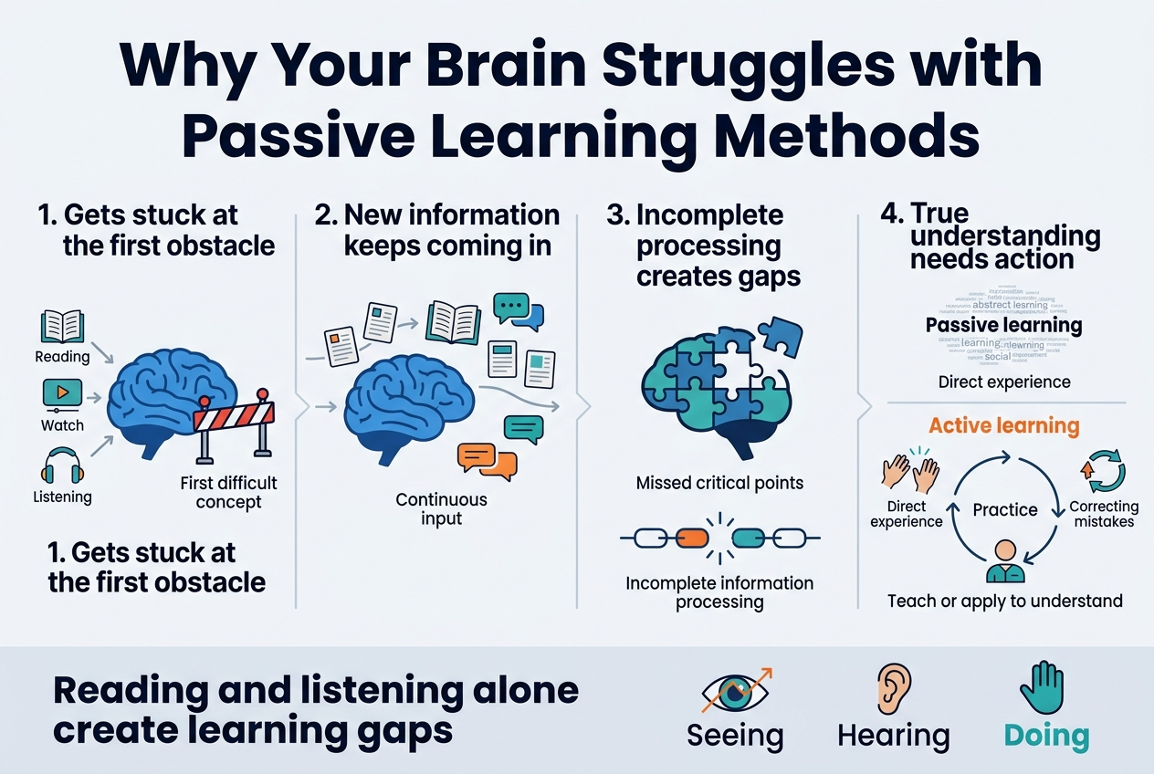 Create a clean, professional full-bleed infographic illustration in a 3:2 aspect ratio with a modern flat design, white background, dark navy text, teal and orange accent colors, and clear sans-serif typography. Place a bold top headline across the upper third: "Why Your Brain Struggles with Passive Learning Methods". Use a wide horizontal layout with four main sections in evenly spaced blocks across the canvas, connected by subtle arrows and flow lines.

Section 1 on the left: a large blue brain icon beside the title "1. Gets stuck at the first obstacle" with a visual of a brain halted by a red roadblock labeled "First difficult concept". Add small icons for reading, watching, and listening feeding into the brain.

Section 2 next to it: title "2. New information keeps coming in" with a stream of small cards, book pages, and speech bubbles flowing past the blocked brain. Show several concepts slipping by unprocessed. Include a small label: "Continuous input".

Section 3 next: title "3. Incomplete processing creates gaps" with a fragmented puzzle-piece brain icon and missing pieces. Add a simple gap chart or broken chain visual. Include the text: "Missed critical points" and "Incomplete information processing".

Section 4 on the right: title "4. True understanding needs action" with a split visual showing "Passive learning" on top as an abstract cloud of text and "Active learning" below as hands, a practice loop, and a teacher icon. Show a circular loop of trial, mistake, correction, and improvement. Include the text: "Direct experience", "Trial and error", "Correcting mistakes", and "Teach or apply to understand".

Add a bottom horizontal takeaway band spanning the full width with a bold summary statement: "Reading and listening alone create learning gaps". Under it, include three short callout icons: an eye with a line graph labeled "Seeing", an ear labeled "Hearing", and a hand labeled "Doing". Emphasize "Doing" in teal and "Passive" in orange. Keep the composition spacious, balanced, and highly legible with clear section headers, icon-based visuals, and minimal but exact text.