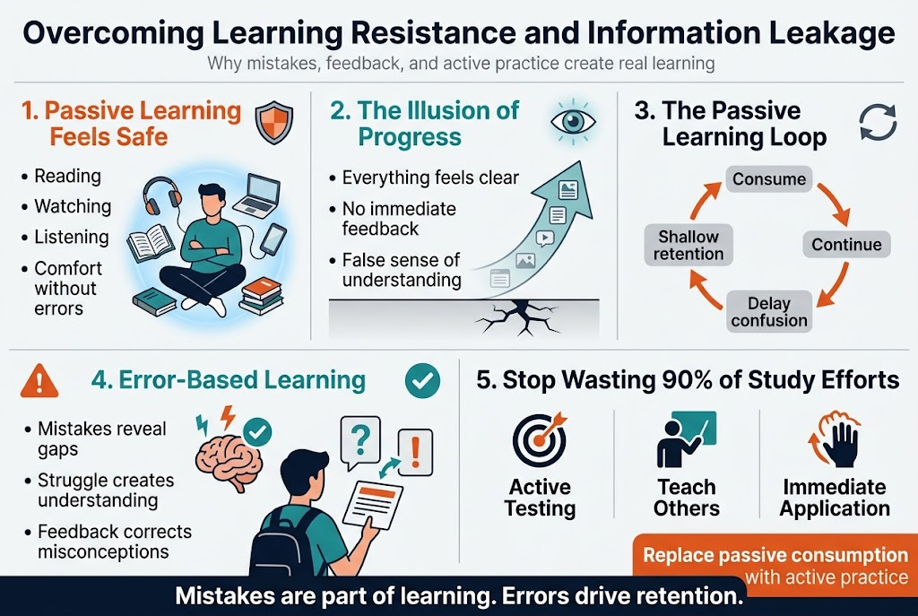 Create a clean professional full-bleed infographic in a 3:2 aspect ratio, with a modern editorial style, white background, dark navy text, teal and orange accent colors, and subtle gray dividers. Use bold sans-serif typography with strong visual hierarchy.

Top header across full width:
Large bold title in dark navy: "Overcoming Learning Resistance and Information Leakage"
Small subtitle beneath in gray: "Why mistakes, feedback, and active practice create real learning"

Main layout: wide horizontal infographic with 5 sections arranged in a 2-row grid, not a vertical poster.

SECTION 1 — top left large block:
Heading in orange: "1. Passive Learning Feels Safe"
Show a person surrounded by books, a laptop, headphones, and a phone, with a soft blue glow and a relaxed posture.
Include short text bullets:
- "Reading"
- "Watching"
- "Listening"
- "Comfort without errors"
Add a small shield icon.

SECTION 2 — top center large block:
Heading in teal: "2. The Illusion of Progress"
Show a smooth upward arrow made of content icons, but with a hidden cracked foundation beneath it.
Include short text bullets:
- "Everything feels clear"
- "No immediate feedback"
- "False sense of understanding"
Add an eye icon with a faint glow.

SECTION 3 — top right large block:
Heading in dark navy: "3. The Passive Learning Loop"
Show a circular loop diagram with arrows moving in a circle around these labels:
"Consume"
"Continue"
"Delay confusion"
"Shallow retention"
Add a small looping arrows icon.
Use orange arrows and gray labels.

SECTION 4 — bottom left wide block:
Heading in teal: "4. Error-Based Learning"
Show a brain icon with lightning bolt and checkmark symbols, and a student facing a problem card with a question mark turning into an exclamation mark.
Include short text bullets:
- "Mistakes reveal gaps"
- "Struggle creates understanding"
- "Feedback corrects misconceptions"
Add a red/orange error triangle icon and a teal checkmark icon.

SECTION 5 — bottom center and right wide block:
Heading in dark navy: "5. Stop Wasting 90% of Study Efforts"
Show three large action icons with labels in separate columns:
A target icon with text: "Active Testing"
A person teaching icon with text: "Teach Others"
A hands-on practice icon with text: "Immediate Application"
Add a bold callout box in orange at the bottom right:
"Replace passive consumption with active practice"

Include a slim footer bar across the bottom with the final key message in bold:
"Mistakes are part of learning. Errors drive retention."

Use clean spacing, crisp vector shapes, minimal shadows, and clear section boxes. Make the infographic easy to scan with icons aligned beside each heading and concise text in each block.