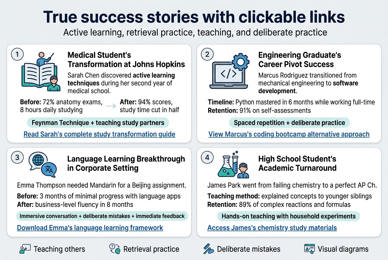 Create a clean, professional full-bleed infographic in a 3:2 aspect ratio with a wide horizontal layout and no poster-style frame. Use a modern sans-serif font, bold navy title, teal and blue accents, and subtle light gray background with white content cards.

Top header across the full width:
Bold title text: "True success stories with clickable links"

Below the title, place a short subtitle in smaller text:
"Active learning, retrieval practice, teaching, and deliberate practice"

Main content: four equal horizontal sections arranged in a 2x2 grid, each with a numbered circle, a simple icon, a person’s name, a short summary, before/after results, and a clickable-link line in blue underlined text.

Section 1, top left:
Numbered circle "1"
Icon: open book with a small person teaching
Heading: "Medical Student's Transformation at Johns Hopkins"
Body text:
"Sarah Chen discovered active learning techniques during her second year of medical school."
"Before: 72% anatomy exams, 8 hours daily studying"
"After: 94% scores, study time cut in half"
Highlight badge: "Feynman Technique + teaching study partners"
Blue underlined link text:
"[Read Sarah's complete study transformation guide](https://johnshopkinsmedicine.org/student-success-stories/sarah-chen-anatomy)"

Section 2, top right:
Numbered circle "2"
Icon: laptop with code brackets and a gear
Heading: "Engineering Graduate's Career Pivot Success"
Body text:
"Marcus Rodriguez transitioned from mechanical engineering to software development."
"Timeline: Python mastered in 6 months while working full-time"
"Retention: 91% on self-assessments"
Highlight badge: "Spaced repetition + deliberate practice"
Blue underlined link text:
"[View Marcus's coding bootcamp alternative approach](https://techcareerpivot.com/marcus-rodriguez-self-taught-developer)"

Section 3, bottom left:
Numbered circle "3"
Icon: speech bubbles with a globe and character symbols
Heading: "Language Learning Breakthrough in Corporate Setting"
Body text:
"Emma Thompson needed Mandarin for a Beijing assignment."
"Before: 3 months of minimal progress with language apps"
"After: business-level fluency in 8 months"
Highlight badge: "Immersive conversation + deliberate mistakes + immediate feedback"
Blue underlined link text:
"[Download Emma's language learning framework](https://corporatelanguage.com/emma-thompson-mandarin-success)"

Section 4, bottom right:
Numbered circle "4"
Icon: chemistry flask, test tube, and small student figure
Heading: "High School Student's Academic Turnaround"
Body text:
"James Park went from failing chemistry to a perfect AP Chemistry score."
"Teaching method: explained concepts to younger siblings"
"Retention: 89% of complex reactions and formulas"
Highlight badge: "Hands-on teaching with household experiments"
Blue underlined link text:
"[Access James's chemistry study materials](https://apchemsuccess.org/james-park-perfect-score)"

Add a bottom-wide summary strip with four small icons and short labels:
"Teaching others"
"Retrieval practice"
"Deliberate mistakes"
"Visual diagrams"

Use clean spacing, rounded cards, thin dividers, and clear visual hierarchy. Ensure all text is sharp and fully legible. Include subtle arrows or flow accents connecting each before-and-after stat within each card.