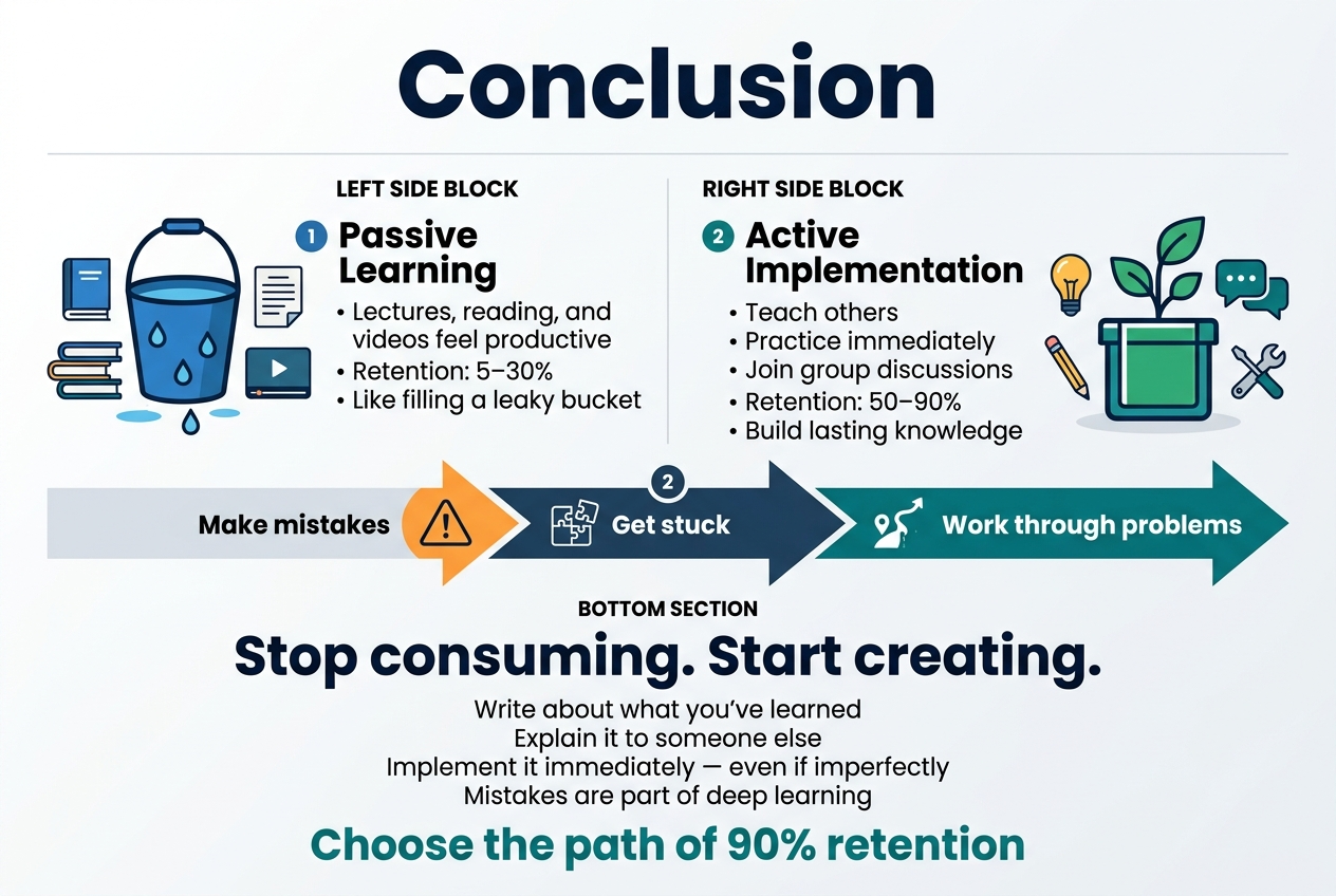 Create a full-bleed professional infographic in a 3:2 aspect ratio with a clean modern corporate style, white background, deep navy and teal accents, orange highlight for warnings, and bold sans-serif typography.

Top header across the full width: large bold title text "Conclusion" centered at the top in dark navy.

Below the title, use a wide 2-column horizontal layout with clear section blocks and simple flat vector icons.

LEFT SIDE BLOCK:
A blue leaky bucket icon with dripping water and a small stack of books, lecture notes, and a video play button nearby.
Add a bold heading: "Passive Learning"
Add short text in a neat block:
"Lectures, reading, and videos feel productive"
"Retention: 5–30%"
"Like filling a leaky bucket"

RIGHT SIDE BLOCK:
A green growing plant or strong container icon with a lightbulb, pencil, speech bubbles, and a wrench/gear symbol.
Add a bold heading: "Active Implementation"
Add short text in a neat block:
"Teach others"
"Practice immediately"
"Join group discussions"
"Retention: 50–90%"
"Build lasting knowledge"

CENTER LOWER STRIP:
A wide horizontal arrow or transformation path from left to right with three connected steps and icons:
1. "Make mistakes" with a warning triangle icon
2. "Get stuck" with a puzzle piece or obstacle icon
3. "Work through problems" with a climbing/path icon

BOTTOM SECTION spanning the width:
Large bold statement text:
"Stop consuming. Start creating."
Smaller supporting lines beneath:
"Write about what you've learned"
"Explain it to someone else"
"Implement it immediately — even if imperfectly"
"Mistakes are part of deep learning"

Final closing line at the bottom in emphasized teal text:
"Choose the path of 90% retention"

Use strong visual hierarchy, numbered points, clear section dividers, subtle shadows, plenty of whitespace, and aligned elements. Keep the layout wide and balanced, not vertical. No photo imagery, only crisp infographic vectors and readable text.