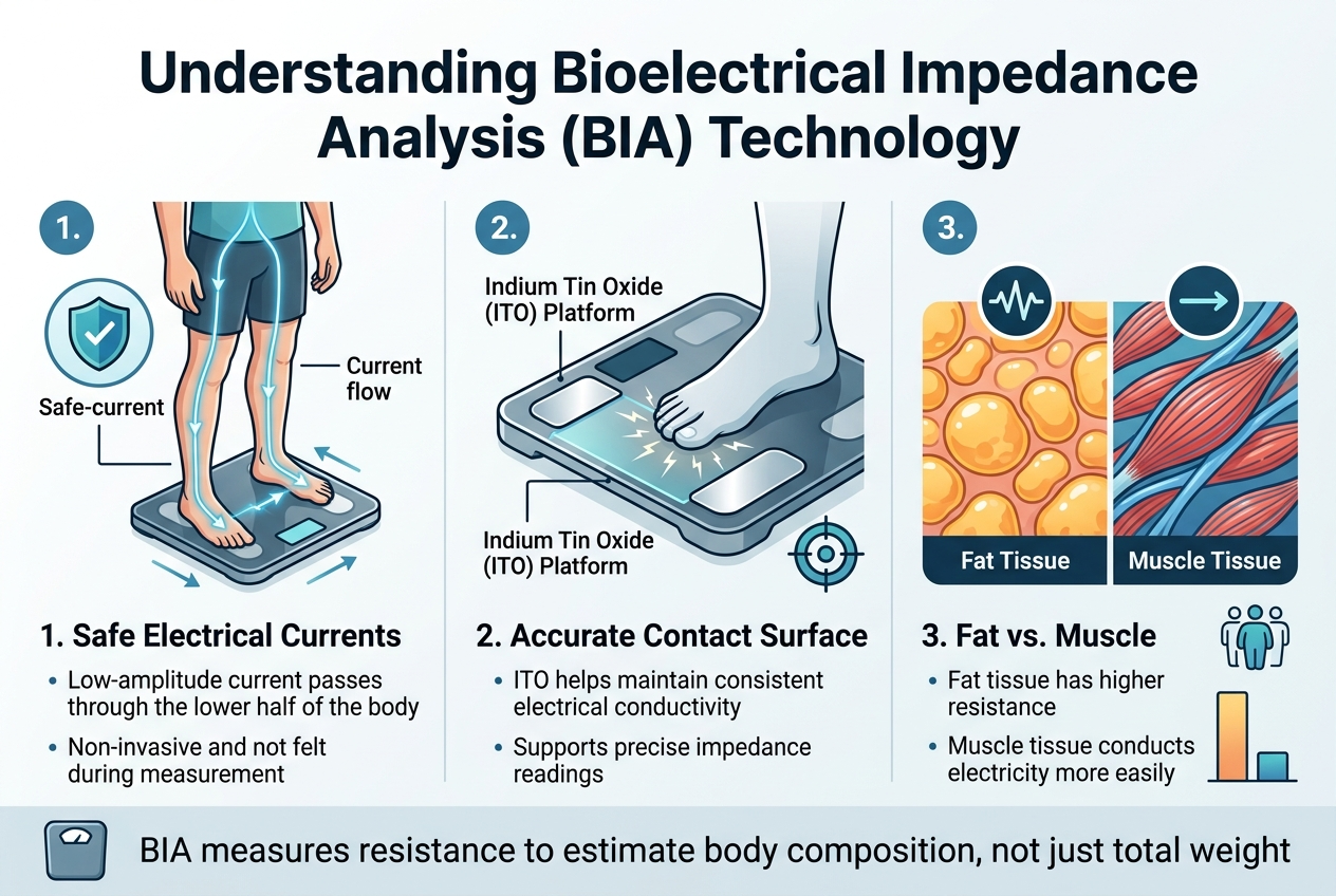 Create a clean, professional full-bleed infographic illustration in a 3:2 aspect ratio with a modern white background, blue and teal accents, dark gray text, and subtle gradient highlights. Use a wide horizontal layout with three main content blocks across the page, not a vertical poster. Place a bold title across the top center in large sans-serif font: "Understanding Bioelectrical Impedance Analysis (BIA) Technology"

Section 1 on the left: a labeled diagram showing a person standing on a smart scale with a thin blue electrical current traveling from one foot to the other through the lower body. Include a circular safe-current icon with a shield and checkmark. Add a bold subheading: "1. Safe Electrical Currents" and short text beneath: "Low-amplitude current passes through the lower half of the body" and "Non-invasive and not felt during measurement". Use small arrows and a glowing line path from foot to foot.

Section 2 in the center: a close-up cutaway of a scale platform with a highlighted metallic surface labeled "Indium Tin Oxide (ITO) Platform". Show a foot contact area with spark-like conductivity lines and a precision target icon. Add a bold subheading: "2. Accurate Contact Surface" and short text: "ITO helps maintain consistent electrical conductivity" and "Supports precise impedance readings". Use a clean technical diagram style with callout lines.

Section 3 on the right: a comparison visual split into two tissue panels. Left panel labeled "Fat Tissue" with thicker orange/yellow blob shapes and a high resistance zigzag icon. Right panel labeled "Muscle Tissue" with red/blue fiber-like strands and a low resistance straight-arrow icon. Add a bold subheading: "3. Fat vs. Muscle" and short text: "Fat tissue has higher resistance" and "Muscle tissue conducts electricity more easily". Include a small body composition icon and a simple bar comparison showing resistance higher for fat and lower for muscle.

Add a thin footer band across the bottom with a simple summary statement in medium-weight font: "BIA measures resistance to estimate body composition, not just total weight" and a small scale icon on the left. Use clear section dividers, numbered badges, rounded rectangles, and strong visual hierarchy. Keep all text crisp, legible, and minimal, with balanced spacing and no clutter.