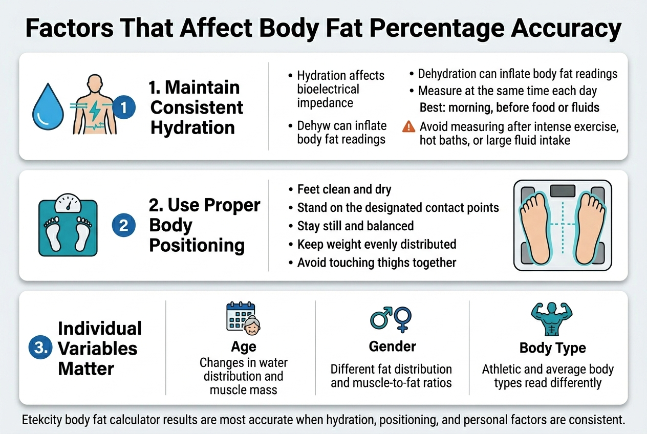 Create a clean, professional infographic in a full-bleed 3:2 landscape layout with a white background, blue and teal accent colors, dark gray text, and bold sans-serif typography. Place a large bold title across the top: "Factors That Affect Body Fat Percentage Accuracy". Use a modern medical/fitness infographic style with clear section dividers, subtle shadows, and simple flat icons.

Arrange the content in three wide horizontal sections across the page, each with a numbered heading, icon, and short bullet points.

Top section, left-to-right:
1. A blue water droplet and body-with-electrical-lines icon beside the heading "1. Maintain Consistent Hydration". Include short bullets:
- "Hydration affects bioelectrical impedance"
- "Dehydration can inflate body fat readings"
- "Measure at the same time each day"
- "Best: morning, before food or fluids"
Add a small warning icon near the bullets for "Avoid measuring after intense exercise, hot baths, or large fluid intake".

Middle section:
2. A scale and feet-position icon beside the heading "2. Use Proper Body Positioning". Include short bullets:
- "Feet clean and dry"
- "Stand on the designated contact points"
- "Stay still and balanced"
- "Keep weight evenly distributed"
- "Avoid touching thighs together"
Show a simple top-view illustration of feet on a smart scale with highlighted contact pads and electrical contact lines.

Bottom section:
3. A three-part comparison panel under the heading "3. Individual Variables Matter". Use three small icons with labels:
- "Age" with a calendar/older person icon
- "Gender" with male/female symbols
- "Body Type" with a muscle/athletic body icon
Add short text beneath each:
- "Changes in water distribution and muscle mass"
- "Different fat distribution and muscle-to-fat ratios"
- "Athletic and average body types read differently"

Add a small concluding banner at the bottom spanning the width of the design with the text: "Etekcity body fat calculator results are most accurate when hydration, positioning, and personal factors are consistent."

Use clean alignment, generous spacing, bold section headers, numbered markers in blue circles, and small supportive icons throughout. Keep the layout wide and balanced, not vertical, with all text legible and concise.