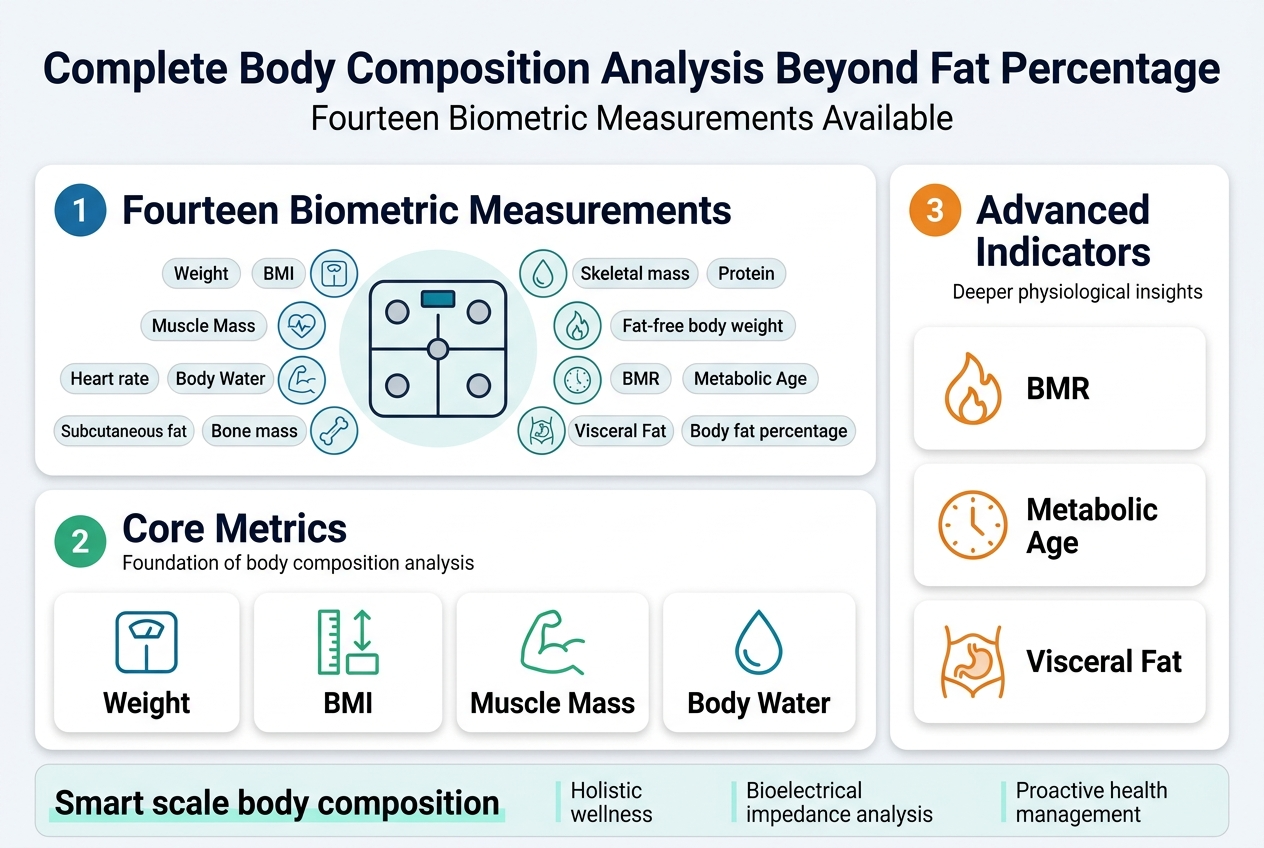 Create a clean professional full-bleed infographic in a 3:2 aspect ratio with a modern medical-tech style, white background, deep blue and teal accents, subtle gray dividers, and bold sans-serif typography.

Top header across the full width:
- Large bold title text: "Complete Body Composition Analysis Beyond Fat Percentage"
- Smaller subtitle directly below: "Fourteen Biometric Measurements Available"

Main layout: a wide horizontal infographic with three large content sections arranged in two rows, using cards and icons, not a vertical poster. Use clear spacing, strong hierarchy, and simple line icons in blue and teal.

Section 1 on the upper left, labeled with a blue circle badge "1":
- Heading: "Fourteen Biometric Measurements"
- A central smart scale illustration with 14 small surrounding icon labels in a ring or grid.
- Include short labels in small rounded pills:
  "Weight"
  "BMI"
  "Muscle Mass"
  "Body Water"
  "Heart rate"
  "Subcutaneous fat"
  "Bone mass"
  "Skeletal mass"
  "Protein"
  "Fat-free body weight"
  "BMR"
  "Metabolic Age"
  "Visceral Fat"
  "Body fat percentage"
- Add a small icon set: scale, heart, droplet, muscle arm, bone, droplet/water, flame, clock, organ/abdomen.

Section 2 across the lower left and center, labeled with a green circle badge "2":
- Heading: "Core Metrics"
- Four side-by-side metric cards with icons and bold labels:
  1. "Weight" with a scale icon
  2. "BMI" with a height-to-weight ruler icon
  3. "Muscle Mass" with a flexed arm icon
  4. "Body Water" with a water droplet icon
- Small supporting line under the heading: "Foundation of body composition analysis"

Section 3 on the right side, labeled with an orange circle badge "3":
- Heading: "Advanced Indicators"
- Three stacked cards with icons:
  - "BMR" with a flame icon
  - "Metabolic Age" with a clock icon
  - "Visceral Fat" with an internal organ/abdomen icon
- Add a small subtitle under the section heading: "Deeper physiological insights"

Bottom strip spanning the full width:
- A thin highlighted banner with the text: "Smart scale body composition"
- Add small supporting text blocks in three columns:
  - "Holistic wellness"
  - "Bioelectrical impedance analysis"
  - "Proactive health management"

Visual style:
- Bold section headings in dark navy
- Metric labels in black or dark gray
- Accent colors: teal, blue, green, orange
- Clean infographic icons with thin outlines and minimal shading
- Balanced wide composition with no vertical poster frame, no empty margins, and no clutter