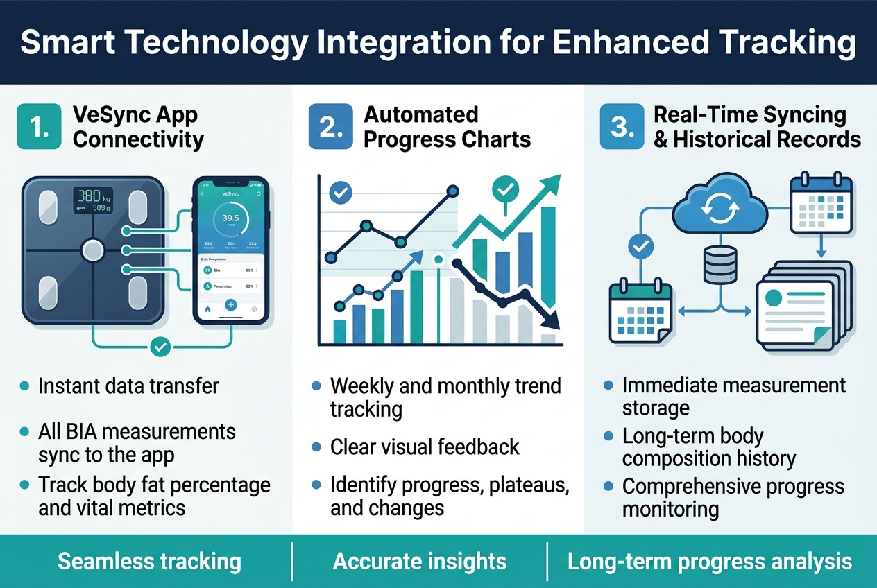 Create a full-bleed professional infographic in a clean modern medical-tech style, aspect ratio 3:2, wide horizontal layout with no poster frame. Use a white background with teal, blue, navy, and light gray accents. Use bold sans-serif typography with a strong headline at the top.

Top header across the full width:
"Smart Technology Integration for Enhanced Tracking"

Below the header, arrange three wide horizontal sections in a 3-column layout with clear numbered labels, icons, and short text blocks.

Section 1 on the left:
Place a smart scale icon with body composition readouts next to a smartphone app screen.
Title text:
"1. VeSync App Connectivity"
Bullet text:
"Instant data transfer"
"All BIA measurements sync to the app"
"Track body fat percentage and vital metrics"
Show a phone UI with connected data lines from a scale to the app.

Section 2 in the center:
Place a line chart and progress graph with upward and downward trend markers.
Title text:
"2. Automated Progress Charts"
Bullet text:
"Weekly and monthly trend tracking"
"Clear visual feedback"
"Identify progress, plateaus, and changes"
Use graph icons with colored lines, dots, and arrows.

Section 3 on the right:
Place a cloud sync icon, calendar, and stacked historical record cards.
Title text:
"3. Real-Time Syncing & Historical Records"
Bullet text:
"Immediate measurement storage"
"Long-term body composition history"
"Comprehensive progress monitoring"
Show a cloud, database, and calendar symbols connected by lines.

Add a bottom strip spanning the full width with three concise benefit callouts in colored boxes:
"Seamless tracking"
"Accurate insights"
"Long-term progress analysis"

Use clean spacing, aligned grids, subtle shadows, and clear visual hierarchy. Keep all text crisp and legible. Include small visual symbols: checkmarks, data lines, graph points, cloud sync arrows, and calendar icons.