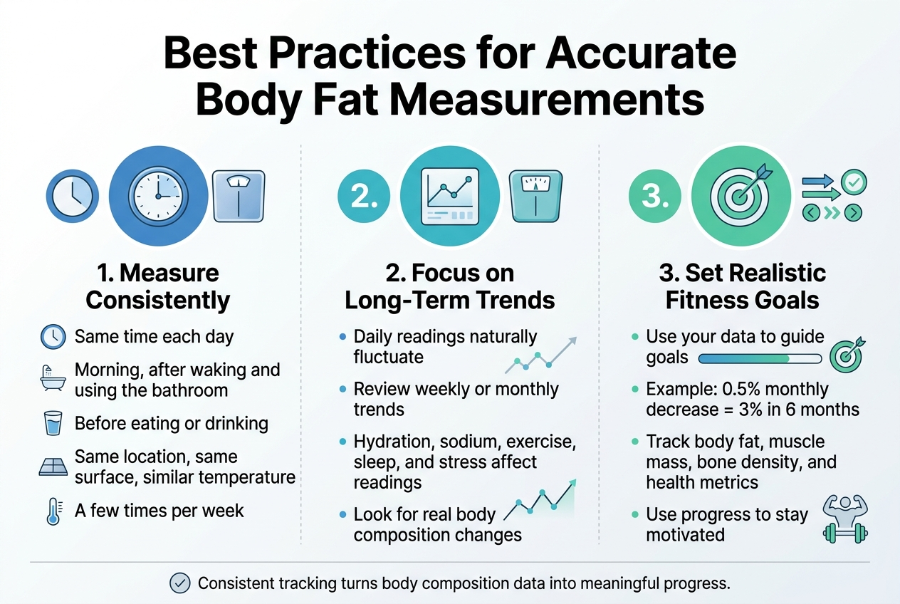 Create a clean professional infographic in full-bleed landscape format, aspect ratio 3:2, with a modern health-tech style. Use a white background with blue, teal, and gray accents, subtle gradients, rounded rectangles, and crisp sans-serif typography. Place a bold large title across the top center: "Best Practices for Accurate Body Fat Measurements".

Below the title, organize the content into three wide horizontal sections or three balanced columns across the page, each with a numbered circle icon and a simple matching illustration.

Section 1 on the left: a blue circular icon with a clock and bathroom scale. Heading text: "1. Measure Consistently". Include short bullet points:
- "Same time each day"
- "Morning, after waking and using the bathroom"
- "Before eating or drinking"
- "Same location, same surface, similar temperature"
- "A few times per week"
Add small icons for clock, bathroom, water glass, floor surface, thermometer.

Section 2 in the center: a teal circular icon with a line chart and scale display. Heading text: "2. Focus on Long-Term Trends". Include bullet points:
- "Daily readings naturally fluctuate"
- "Review weekly or monthly trends"
- "Hydration, sodium, exercise, sleep, and stress affect readings"
- "Look for real body composition changes"
Add a subtle upward trend line graph with small fluctuating data points.

Section 3 on the right: a green circular icon with a target and progress arrows. Heading text: "3. Set Realistic Fitness Goals". Include bullet points:
- "Use your data to guide goals"
- "Example: 0.5% monthly decrease = 3% in 6 months"
- "Track body fat, muscle mass, bone density, and health metrics"
- "Use progress to stay motivated"
Add a progress bar, target icon, and small fitness symbols.

Use clear visual hierarchy: large title, medium section headings, smaller bullet text. Keep spacing open and organized. Add a slim footer note across the bottom with a small checkmark icon and the text: "Consistent tracking turns body composition data into meaningful progress."
