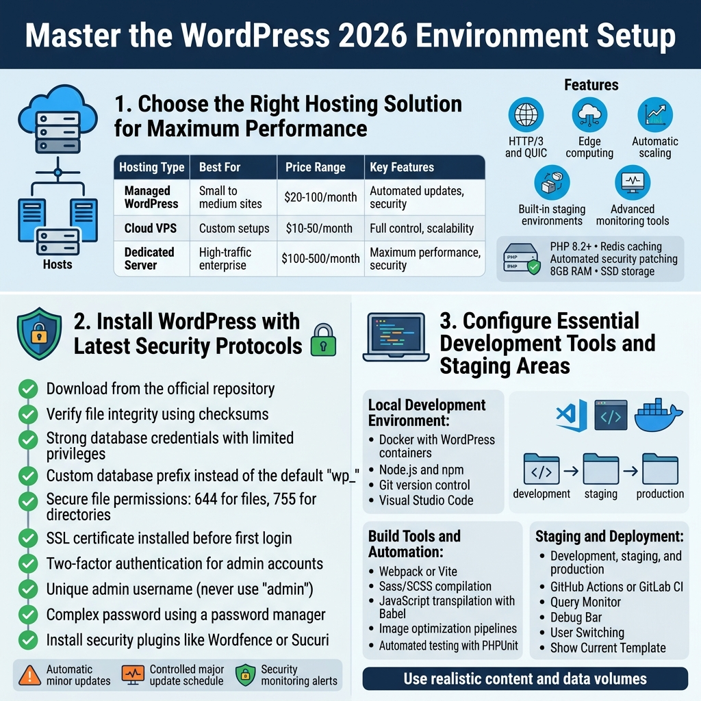 Create a clean, professional square infographic in a 1:1 aspect ratio with a full-bleed layout, no frame, no inset margins, and a wide multi-section composition instead of a narrow poster stack. Use a modern WordPress-tech color palette of deep navy, bright blue, teal, white, and light gray, with orange accents for warnings and green accents for security. Use bold sans-serif typography for headings and smaller readable sans-serif body text.

Top header band across the full width with a large bold title in white: "Master the WordPress 2026 Environment Setup"

Below the title, split the infographic into three wide horizontal content panels with clear icons and numbered labels.

LEFT TOP PANEL: "1. Choose the Right Hosting Solution for Maximum Performance"
Place a cloud/server icon on the left and three host blocks beneath it.
Add a small comparison table with these exact column headers:
"Hosting Type" | "Best For" | "Price Range" | "Key Features"
Rows:
"Managed WordPress" | "Small to medium sites" | "$20-100/month" | "Automated updates, security"
"Cloud VPS" | "Custom setups" | "$10-50/month" | "Full control, scalability"
"Dedicated Server" | "High-traffic enterprise" | "$100-500/month" | "Maximum performance, security"
Add a right-side feature callout cluster with five small circular icons and these exact labels:
"HTTP/3 and QUIC"
"Edge computing"
"Automatic scaling"
"Built-in staging environments"
"Advanced monitoring tools"
Include a small server badge text box with exact text:
"PHP 8.2+"
"Redis caching"
"Automated security patching"
"8GB RAM"
"SSD storage"
"CDN integration"

CENTER PANEL: "2. Install WordPress with Latest Security Protocols"
Place a shield icon and a lock icon near the heading. Use a step-by-step numbered vertical checklist with green check icons. Include these exact bullet items:
"Download from the official repository"
"Verify file integrity using checksums"
"Strong database credentials with limited privileges"
"Custom database prefix instead of the default \"wp_\""
"Secure file permissions: 644 for files, 755 for directories"
"SSL certificate installed before first login"
"Two-factor authentication for admin accounts"
"Unique admin username (never use \"admin\")"
"Complex password using a password manager"
"Install security plugins like Wordfence or Sucuri"
Add a small bottom strip in this panel with alert/monitoring icons and exact text:
"Automatic minor updates"
"Controlled major update schedule"
"Security monitoring alerts"

RIGHT PANEL: "3. Configure Essential Development Tools and Staging Areas"
Use a laptop, code, and container icon set. Divide this panel into three mini-blocks.
Block heading 1: "Local Development Environment:"
Items:
"Docker with WordPress containers"
"Node.js and npm"
"Git version control"
"Visual Studio Code"
Block heading 2: "Build Tools and Automation:"
Items:
"Webpack or Vite"
"Sass/SCSS compilation"
"JavaScript transpilation with Babel"
"Image optimization pipelines"
"Automated testing with PHPUnit"
Block heading 3: "Staging and Deployment:"
Items:
"Development, staging, and production"
"GitHub Actions or GitLab CI"
"Query Monitor"
"Debug Bar"
"User Switching"
"Show Current Template"
Add a small flow diagram with arrows between three environment boxes labeled exactly:
"development" → "staging" → "production"
Add a final callout bar at the bottom of the right panel with exact text:
"Use realistic content and data volumes"

Use strong visual hierarchy with clear section dividers, white text on dark panels, and colored icon circles for each subsection. Keep all text crisp and legible, aligned in balanced columns, with a polished enterprise infographic style.