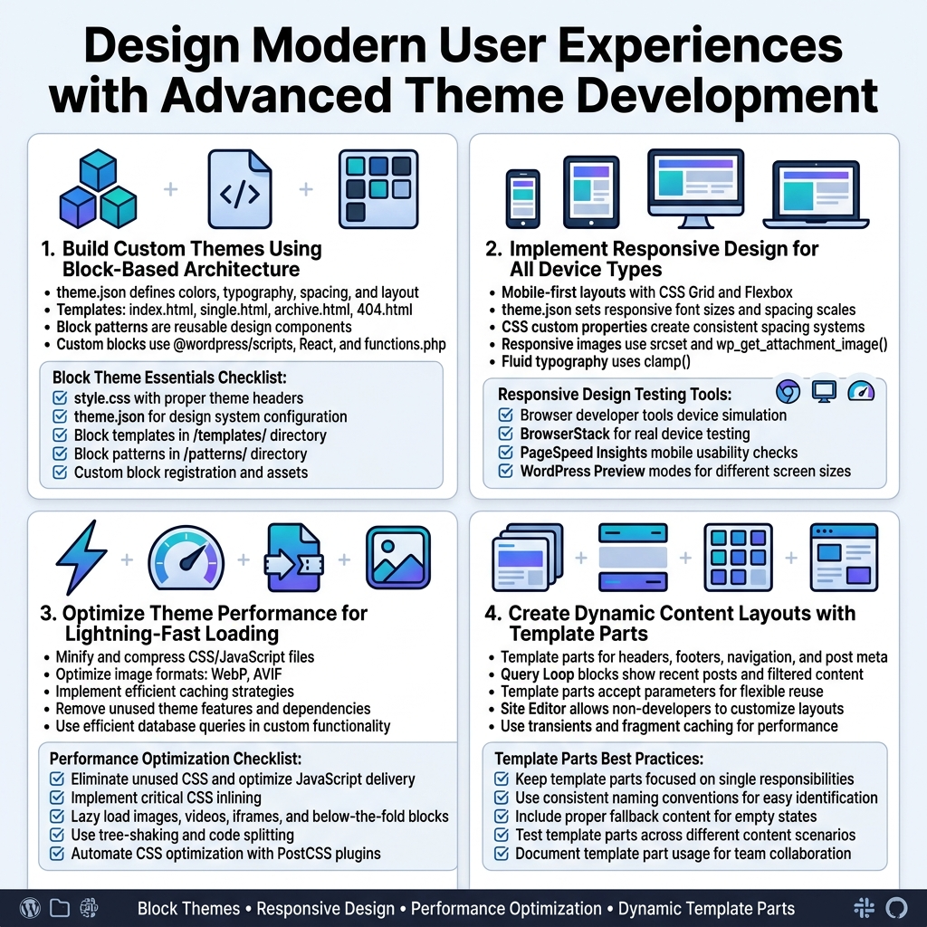 Square 1:1 infographic, full-bleed layout with no inset frame, clean modern tech style, white background with blue, teal, purple, and dark gray accents, bold sans-serif typography, subtle gradients and thin divider lines. Place a large bold title across the top: "Design Modern User Experiences with Advanced Theme Development". Under the title, use a 2x2 grid of wide content blocks with icons and numbered section labels.

Top-left block: blue and teal block icon set, with a code file icon and block grid icon. Heading: "1. Build Custom Themes Using Block-Based Architecture". Include short bullet text:
"theme.json defines colors, typography, spacing, and layout"
"Templates: index.html, single.html, archive.html, 404.html"
"Block patterns are reusable design components"
"Custom blocks use @wordpress/scripts, React, and functions.php"
Add a checklist box labeled "Block Theme Essentials Checklist:" with check icons and these lines:
"style.css with proper theme headers"
"theme.json for design system configuration"
"Block templates in /templates/ directory"
"Block patterns in /patterns/ directory"
"Custom block registration and assets"

Top-right block: responsive device icons showing phone, tablet, desktop, and laptop. Heading: "2. Implement Responsive Design for All Device Types". Include short bullet text:
"Mobile-first layouts with CSS Grid and Flexbox"
"theme.json sets responsive font sizes and spacing scales"
"CSS custom properties create consistent spacing systems"
"Responsive images use srcset and wp_get_attachment_image()"
"Fluid typography uses clamp()"
Add a small tool row labeled "Responsive Design Testing Tools:" with icons for browser, monitor, and speed meter, and these lines:
"Browser developer tools device simulation"
"BrowserStack for real device testing"
"PageSpeed Insights mobile usability checks"
"WordPress Preview modes for different screen sizes"

Bottom-left block: lightning bolt, speed gauge, compressed file, image optimization icons. Heading: "3. Optimize Theme Performance for Lightning-Fast Loading". Include short bullet text:
"Minify and compress CSS/JavaScript files"
"Optimize image formats: WebP, AVIF"
"Implement efficient caching strategies"
"Remove unused theme features and dependencies"
"Use efficient database queries in custom functionality"
Add a small checklist labeled "Performance Optimization Checklist:" with check icons and these lines:
"Eliminate unused CSS and optimize JavaScript delivery"
"Implement critical CSS inlining"
"Lazy load images, videos, iframes, and below-the-fold blocks"
"Use tree-shaking and code splitting"
"Automate CSS optimization with PostCSS plugins"

Bottom-right block: layered template cards, header/footer blocks, query loop grid, reusable content sections icons. Heading: "4. Create Dynamic Content Layouts with Template Parts". Include short bullet text:
"Template parts for headers, footers, navigation, and post meta"
"Query Loop blocks show recent posts and filtered content"
"Template parts accept parameters for flexible reuse"
"Site Editor allows non-developers to customize layouts"
"Use transients and fragment caching for performance"
Add a checklist labeled "Template Parts Best Practices:" with check icons and these lines:
"Keep template parts focused on single responsibilities"
"Use consistent naming conventions for easy identification"
"Include proper fallback content for empty states"
"Test template parts across different content scenarios"
"Document template part usage for team collaboration"

Add a thin bottom footer band with small icons and the phrase: "Block Themes • Responsive Design • Performance Optimization • Dynamic Template Parts". Use clear visual hierarchy, crisp spacing, modern UI infographic style, balanced symmetry, and readable text throughout.