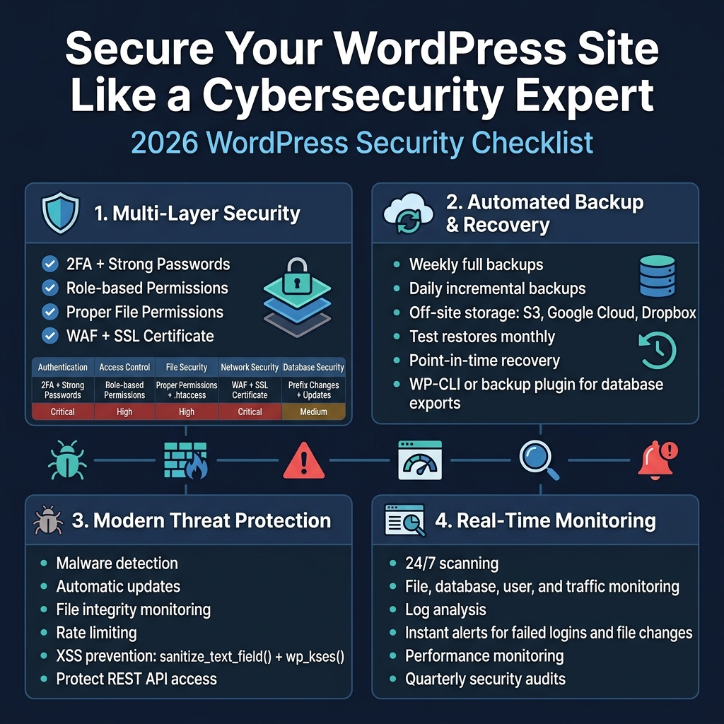 Square infographic, aspect ratio 1:1, full-bleed layout with no frame, clean professional cybersecurity style, dark navy background with teal, blue, white, and red accent colors, modern sans-serif fonts, bold hierarchy, crisp vector illustration.

Top header across full width: large bold white title centered near top: "Secure Your WordPress Site Like a Cybersecurity Expert"
Subtitle in smaller light-blue text beneath: "2026 WordPress Security Checklist"

Main content arranged in a 2x2 grid of wide rectangular sections with clear icons:

Top-left section titled "1. Multi-Layer Security" with a shield icon and small layered-lock graphics. Include four compact bullet lines with check icons:
"2FA + Strong Passwords"
"Role-based Permissions"
"Proper File Permissions"
"WAF + SSL Certificate"
Add a small mini-table style strip at bottom of this section with three columns:
"Authentication | 2FA + Strong Passwords | Critical"
"Access Control | Role-based Permissions | High"
"File Security | Proper Permissions + .htaccess | High"
"Network Security | WAF + SSL Certificate | Critical"
"Database Security | Prefix Changes + Updates | Medium"

Top-right section titled "2. Automated Backup & Recovery" with cloud-backup icon, database stack icon, and restore arrow icon. Include short bullet lines:
"Weekly full backups"
"Daily incremental backups"
"Off-site storage: S3, Google Cloud, Dropbox"
"Test restores monthly"
"Point-in-time recovery"
"WP-CLI or backup plugin for database exports"

Bottom-left section titled "3. Modern Threat Protection" with bug, firewall, and warning icons. Include short bullet lines:
"Malware detection"
"Automatic updates"
"File integrity monitoring"
"Rate limiting"
"XSS prevention: sanitize_text_field() + wp_kses()"
"Protect REST API access"

Bottom-right section titled "4. Real-Time Monitoring" with dashboard, magnifying glass, and bell alert icons. Include short bullet lines:
"24/7 scanning"
"File, database, user, and traffic monitoring"
"Log analysis"
"Instant alerts for failed logins and file changes"
"Performance monitoring"
"Quarterly security audits"

Add a subtle horizontal flow of connected icons across the middle to show security, backup, threat defense, and monitoring as connected layers. Use clear white section labels, teal icon accents, and red alert highlights. Clean spacing, strong contrast, polished infographic typography, highly readable, balanced wide horizontal composition.