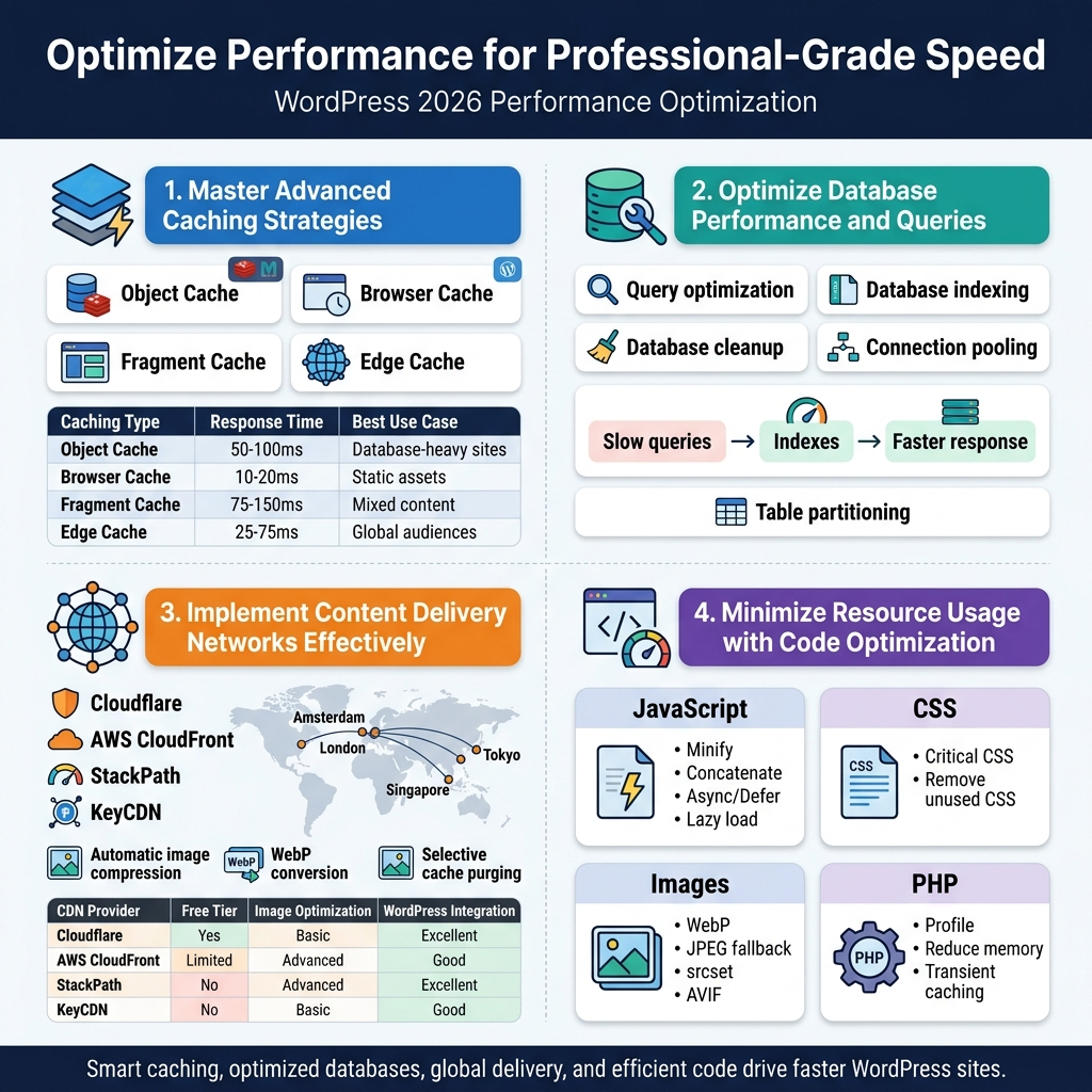 Create a clean professional 1:1 square infographic, full-bleed layout with a modern blue, teal, white, and dark navy color palette, bold sans-serif typography, subtle gradients, thin dividers, and crisp flat vector icons.

Top header across full width:
Large bold title text: "Optimize Performance for Professional-Grade Speed"
Smaller subtitle text below: "WordPress 2026 Performance Optimization"

Main body arranged in a 2x2 grid of wide horizontal content blocks with clear numbered section labels and icons.

Top-left block:
Section label in a blue pill: "1. Master Advanced Caching Strategies"
Icon: stacked cache layers with a lightning bolt
Include four mini callouts with small icons and short text:
- "Object Cache" with database cylinder icon and Redis/Memcached badge
- "Browser Cache" with browser window icon and clock badge
- "Fragment Cache" with webpage section blocks icon
- "Edge Cache" with globe/CDN node icon
Small comparison table beneath with columns and values:
"Caching Type | Response Time | Best Use Case"
"Object Cache | 50-100ms | Database-heavy sites"
"Browser Cache | 10-20ms | Static assets"
"Fragment Cache | 75-150ms | Mixed content"
"Edge Cache | 25-75ms | Global audiences"

Top-right block:
Section label in a green pill: "2. Optimize Database Performance and Queries"
Icon: database with wrench and magnifying glass
Use four short bullet callouts with icons:
- "Query optimization" with search icon
- "Database indexing" with index tab icon
- "Database cleanup" with broom/trash icon
- "Connection pooling" with linked server nodes icon
Add a small bar/flow visual showing "Slow queries → Indexes → Faster response"
Include a compact note row: "Table partitioning" with segmented table icon

Bottom-left block:
Section label in an orange pill: "3. Implement Content Delivery Networks Effectively"
Icon: global network nodes around a globe
Include four short callouts:
- "Cloudflare" with shield icon
- "AWS CloudFront" with cloud icon
- "StackPath" with speed gauge icon
- "KeyCDN" with CDN node icon
Add a world map-style simplified network graphic with nodes in "Amsterdam", "London", "Singapore", "Tokyo"
Small optimization callouts with image icons:
- "Automatic image compression"
- "WebP conversion"
- "Selective cache purging"
Include a compact comparison table:
"CDN Provider | Free Tier | Image Optimization | WordPress Integration"
"Cloudflare | Yes | Basic | Excellent"
"AWS CloudFront | Limited | Advanced | Good"
"StackPath | No | Advanced | Excellent"
"KeyCDN | No | Basic | Good"

Bottom-right block:
Section label in a purple pill: "4. Minimize Resource Usage with Code Optimization"
Icon: code brackets with performance gauge
Arrange four sub-panels with icons:
- "JavaScript" with file and bolt icon: "Minify", "Concatenate", "Async/Defer", "Lazy load"
- "CSS" with stylesheet icon: "Critical CSS", "Remove unused CSS"
- "Images" with picture icon: "WebP", "JPEG fallback", "srcset", "AVIF"
- "PHP" with gear and memory chip icon: "Profile", "Reduce memory", "Transient caching"
Add a small footer ribbon in dark navy across the bottom:
Text: "Smart caching, optimized databases, global delivery, and efficient code drive faster WordPress sites."
Use clean spacing, strong hierarchy, rounded cards, subtle shadows, and clear iconography. Ensure all text is sharp, readable, and perfectly aligned within the infographic.