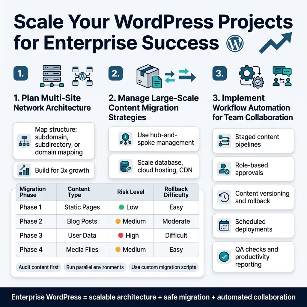Square 1:1 full-bleed professional infographic, clean enterprise-tech style, white background with deep blue, teal, and subtle gray accents, modern sans-serif fonts, bold hierarchy, no poster frame, no inset margins. 

Top header across full width: large bold title in dark navy text, "Scale Your WordPress Projects for Enterprise Success", with a small WordPress-style circle icon and upward growth arrow beside it.

Below the title, arrange three wide horizontal content sections in a 3-column layout with clear numbered badges and icons:

LEFT SECTION, titled "1. Plan Multi-Site Network Architecture" with a network/server icon and connected site nodes. Include 4 compact bullet blocks with small icons:
- "Map structure: subdomain, subdirectory, or domain mapping"
- "Build for 3x growth"
- "Use hub-and-spoke management"
- "Scale database, cloud hosting, CDN"

CENTER SECTION, titled "2. Manage Large-Scale Content Migration Strategies" with a moving box/file transfer icon and migration arrows. Include a simple 4-row phase table with colored risk dots and rollback labels:
Column headers: "Migration Phase", "Content Type", "Risk Level", "Rollback Difficulty"
Rows:
"Phase 1" | "Static Pages" | "Low" | "Easy"
"Phase 2" | "Blog Posts" | "Medium" | "Moderate"
"Phase 3" | "User Data" | "High" | "Difficult"
"Phase 4" | "Media Files" | "Medium" | "Easy"
Add three small callout chips beneath the table:
"Audit content first"
"Run parallel environments"
"Use custom migration scripts"

RIGHT SECTION, titled "3. Implement Workflow Automation for Team Collaboration" with a workflow/gear/checklist icon and team chat symbols. Include 5 stacked automation cards with small icons:
- "Staged content pipelines"
- "Role-based approvals"
- "Content versioning and rollback"
- "Scheduled deployments"
- "QA checks and productivity reporting"

Bottom footer band across full width with a thin divider and a concise summary strip in small bold text:
"Enterprise WordPress = scalable architecture + safe migration + automated collaboration"

Use clear section dividers, rounded cards, subtle shadows, and bright accent icons. Emphasize readability, balanced spacing, and an executive presentation style.