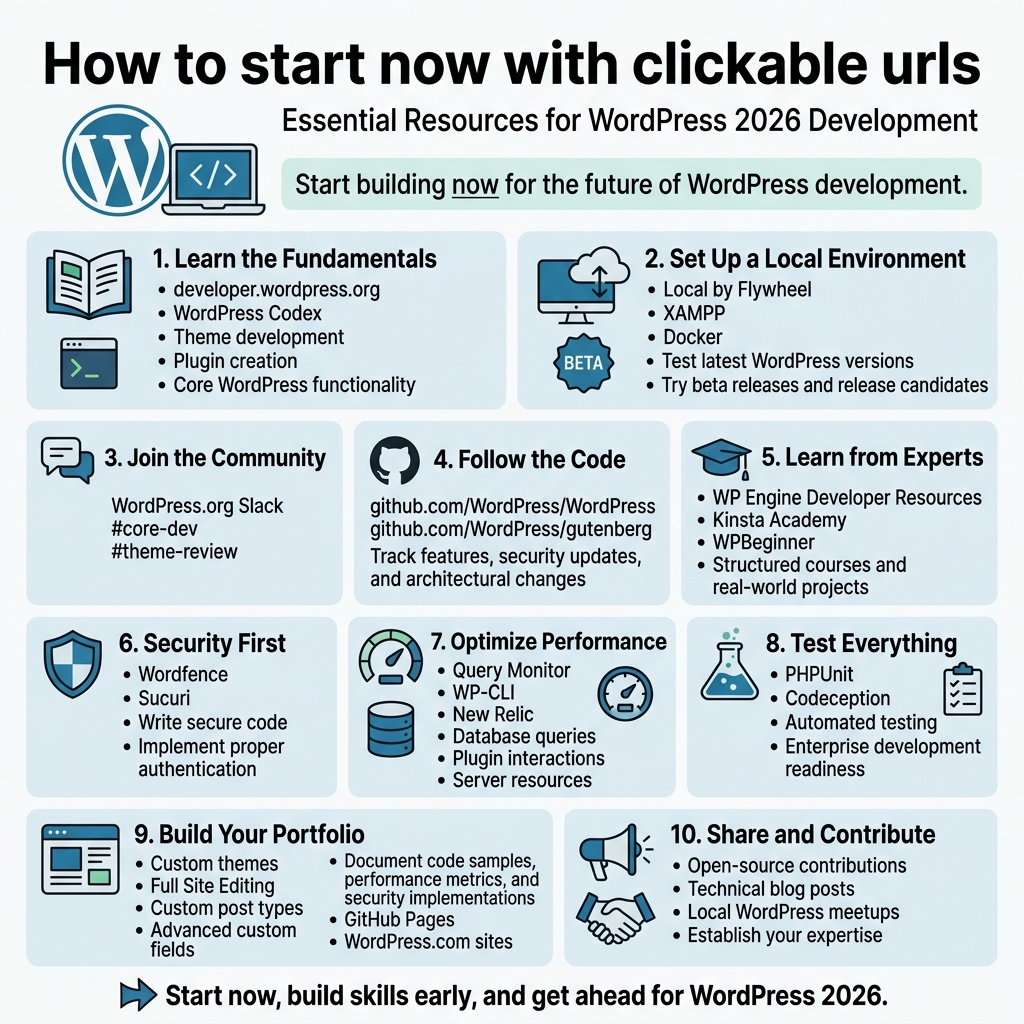 Square 1:1 full-bleed professional infographic, clean modern WordPress-themed design with blue, white, and light gray palette, subtle green accent, bold sans-serif fonts, clear visual hierarchy, no poster frame, no narrow centered stack. Large bold title at the top: "How to start now with clickable urls". Under title, a smaller subtitle: "Essential Resources for WordPress 2026 Development". Use a 2-column layout with 4 wide horizontal content blocks and clear icons.

Top section: a large WordPress logo icon on the left, with a laptop and code brackets icon рядом; next to it a short intro line in a highlighted banner: "Start building now for the future of WordPress development."

Block 1 on upper left with a book/document icon and a small terminal icon:
Heading: "1. Learn the Fundamentals"
Bullets:
"developer.wordpress.org"
"WordPress Codex"
"Theme development"
"Plugin creation"
"Core WordPress functionality"

Block 2 on upper right with a computer, cloud, and beta badge icon:
Heading: "2. Set Up a Local Environment"
Bullets:
"Local by Flywheel"
"XAMPP"
"Docker"
"Test latest WordPress versions"
"Try beta releases and release candidates"

Middle section spanning full width with three smaller cards side by side, each with matching icons:
Card 1 with chat/community icon:
Heading: "3. Join the Community"
Text:
"WordPress.org Slack"
"#core-dev"
"#theme-review"

Card 2 with GitHub octocat icon:
Heading: "4. Follow the Code"
Text:
"github.com/WordPress/WordPress"
"github.com/WordPress/gutenberg"
"Track features, security updates, and architectural changes"

Card 3 with graduation cap icon:
Heading: "5. Learn from Experts"
Text:
"WP Engine Developer Resources"
"Kinsta Academy"
"WPBeginner"
"Structured courses and real-world projects"

Lower section with three wide blocks, each with distinct icon and bold headings:
Left block with shield icon:
Heading: "6. Security First"
Bullets:
"Wordfence"
"Sucuri"
"Write secure code"
"Implement proper authentication"

Center block with speedometer and database icon:
Heading: "7. Optimize Performance"
Bullets:
"Query Monitor"
"WP-CLI"
"New Relic"
"Database queries"
"Plugin interactions"
"Server resources"

Right block with test-tube and checklist icon:
Heading: "8. Test Everything"
Bullets:
"PHPUnit"
"Codeception"
"Automated testing"
"Enterprise development readiness"

Bottom section across the full width with portfolio and community icons, split into two balanced panels:
Left panel with portfolio/website icon:
Heading: "9. Build Your Portfolio"
Bullets:
"Custom themes"
"Full Site Editing"
"Custom post types"
"Advanced custom fields"
"Document code samples, performance metrics, and security implementations"
"GitHub Pages"
"WordPress.com sites"

Right panel with megaphone and handshake icon:
Heading: "10. Share and Contribute"
Bullets:
"Open-source contributions"
"Technical blog posts"
"Local WordPress meetups"
"Establish your expertise"

Add a small footer ribbon with an arrow-forward icon and bold text: "Start now, build skills early, and get ahead for WordPress 2026."

Use crisp iconography, strong spacing, subtle dividers, readable text, and a polished editorial infographic style.