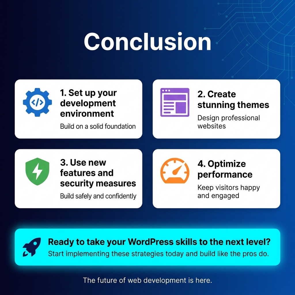 Square 1:1 full-bleed infographic, clean modern professional style, dark navy-to-blue gradient background with white and cyan accents, subtle circuit/web design pattern. Bold शीर्ष heading centered at top: "Conclusion" in large white sans-serif font.

Below the heading, arrange four wide horizontal content blocks in a 2x2 grid with clear spacing, each block containing a colored icon, a numbered label, and short text. Use crisp flat vector icons.

Top left block:
Blue gear-and-code icon.
Text: "1. Set up your development environment" in bold white.
Smaller supporting text: "Build on a solid foundation"

Top right block:
Purple layout/theme icon with layered panels.
Text: "2. Create stunning themes" in bold white.
Smaller supporting text: "Design professional websites"

Bottom left block:
Green shield-and-bolt icon.
Text: "3. Use new features and security measures" in bold white.
Smaller supporting text: "Build safely and confidently"

Bottom right block:
Orange speedometer icon.
Text: "4. Optimize performance" in bold white.
Smaller supporting text: "Keep visitors happy and engaged"

At the bottom, add a wide full-width call-to-action banner with a bright cyan glow, containing a small rocket icon on the left and bold text:
"Ready to take your WordPress skills to the next level?"
Smaller line beneath: "Start implementing these strategies today and build like the pros do."

Include a final closing line near the bottom edge in smaller white text:
"The future of web development is here."

Use strong visual hierarchy, clear legible typography, rounded rectangles, and balanced spacing. No extra text.