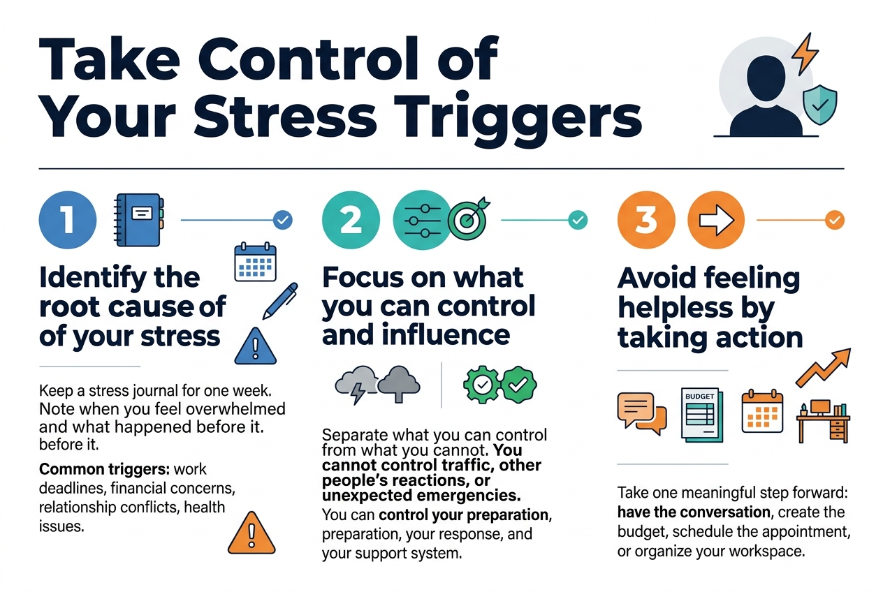 Create a clean professional infographic illustration in a full-bleed 3:2 landscape layout with a modern flat-vector style, white background, navy and teal color palette with orange accent highlights, bold sans-serif typography, clear visual hierarchy, and wide horizontal sections instead of a narrow centered stack.

Top header spanning the full width: large bold title text in dark navy, "Take Control of Your Stress Triggers". Add a subtle stress-relief themed icon near the title, such as a calm person silhouette with a small shield and lightning bolt.

Below the header, divide the infographic into 3 wide horizontal or three-column sections across the page, each with a numbered circle icon and a matching symbol.

Section 1 on the left: blue circle with number "1" and a small journal/notebook icon. Heading text: "Identify the root cause of your stress". Include short supporting text in smaller font: "Keep a stress journal for one week. Note when you feel overwhelmed and what happened before it. Common triggers: work deadlines, financial concerns, relationship conflicts, health issues." Show small visual symbols around it such as a calendar, pen, and warning triangle.

Section 2 in the center: teal circle with number "2" and a control slider/target icon. Heading text: "Focus on what you can control and influence". Include supporting text: "Separate what you can control from what you cannot. You cannot control traffic, other people’s reactions, or unexpected emergencies. You can control your preparation, your response, and your support system." Show two side-by-side icon groups: a gray cloud/traffic icon labeled by visual placement as uncontrollable, and a green gear/check icon labeled by visual placement as controllable.

Section 3 on the right: orange circle with number "3" and an action/forward arrow icon. Heading text: "Avoid feeling helpless by taking action". Include supporting text: "Take one meaningful step forward: have the conversation, create the budget, schedule the appointment, or organize your workspace." Show icons for a speech bubble, budget sheet, calendar, and organized desk, with a rising arrow to indicate progress.

Use simple bold subheadings, smaller readable body text, balanced spacing, thin divider lines between sections, and small checkmark accents. Keep the overall design polished, approachable, and informative, with no extra text beyond the title, section headings, and supporting lines specified above.
