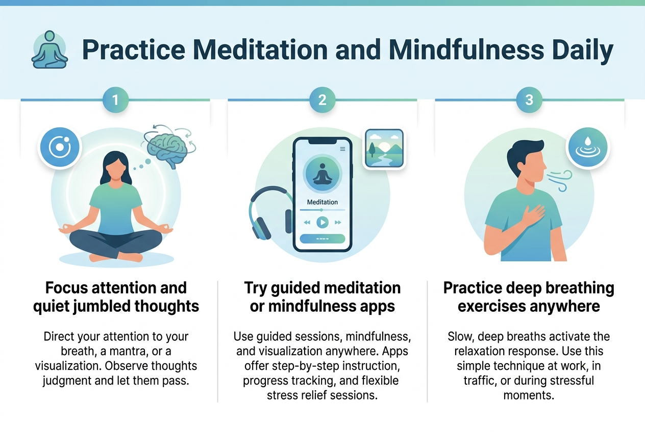 Create a clean, professional full-bleed infographic in a 3:2 aspect ratio with a modern wellness style, soft blue, teal, green, and white color palette, subtle gradients, and simple flat vector illustrations. Use bold sans-serif typography for the heading and clear smaller sans-serif body text. 

Top header spanning full width: large bold title text: "Practice Meditation and Mindfulness Daily" with a calm meditation icon beside it.

Below the title, arrange three wide horizontal sections across the page in a balanced multi-column layout, not a narrow centered stack:

1) Left section with a seated person meditating, soft glowing circle, and a brain with swirling thought lines fading away. Add a blue circular icon with a focus dot. Include the heading text: "Focus attention and quiet jumbled thoughts" and short body text: "Direct your attention to your breath, a mantra, or a visualization. Observe thoughts without judgment and let them pass."

2) Center section with a smartphone showing a meditation app interface, headphones, and a guided imagery scene icon. Include the heading text: "Try guided meditation or mindfulness apps" and short body text: "Use guided sessions, mindfulness, and visualization anywhere. Apps offer step-by-step instruction, progress tracking, and flexible stress relief sessions."

3) Right section with a person practicing deep breathing, visible inhale/exhale lines, and a calm ripple icon. Include the heading text: "Practice deep breathing exercises anywhere" and short body text: "Slow, deep breaths activate the relaxation response. Use this simple technique at work, in traffic, or during stressful moments."

Add small numbered labels 1, 2, 3 at the top of each section in colored circles. Use thin dividers between sections, subtle shadowed cards, and plenty of whitespace. Keep the layout wide and easy to scan, with all text clearly legible and aligned.