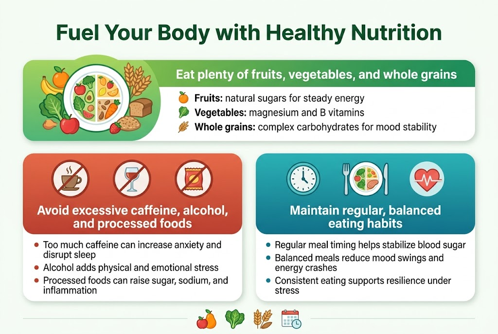 Create a clean, professional full-bleed infographic in a 3:2 aspect ratio with a light background, modern flat vector style, and strong visual hierarchy. Use a bold sans-serif title at the top center in dark green: "Fuel Your Body with Healthy Nutrition". Place three wide horizontal content sections beneath the title, arranged in a balanced two-column upper row and a full-width lower row, with plenty of white space, rounded cards, subtle shadows, and clear icon markers.

Top section: a wide banner with a green gradient and a large plate icon surrounded by fruits, vegetables, and whole grains. Include the heading in bold: "Eat plenty of fruits, vegetables, and whole grains". Under it, use three short bullet lines with small icons:
• "Fruits: natural sugars for steady energy"
• "Vegetables: magnesium and B vitamins"
• "Whole grains: complex carbohydrates for mood stability"
Use bright fresh colors: green, orange, yellow, red, and brown.

Middle left section: a warm red-orange card with a caffeine cup icon, alcohol glass icon, and processed snack icon crossed out. Include the heading in bold: "Avoid excessive caffeine, alcohol, and processed foods". Under it, three short bullet lines:
• "Too much caffeine can increase anxiety and disrupt sleep"
• "Alcohol adds physical and emotional stress"
• "Processed foods can raise sugar, sodium, and inflammation"
Use caution symbols and muted red accents.

Middle right section: a blue and teal card with a clock icon, balanced meal plate icon, and stable heartbeat line icon. Include the heading in bold: "Maintain regular, balanced eating habits". Under it, three short bullet lines:
• "Regular meal timing helps stabilize blood sugar"
• "Balanced meals reduce mood swings and energy crashes"
• "Consistent eating supports resilience under stress"

Add a simple bottom strip with a small icon row showing fruit, leafy vegetables, whole grains, and a meal schedule. Use clean infographic typography, bold section headers, readable body text, and consistent spacing. No border frame, no extra text, no people, no photographs.