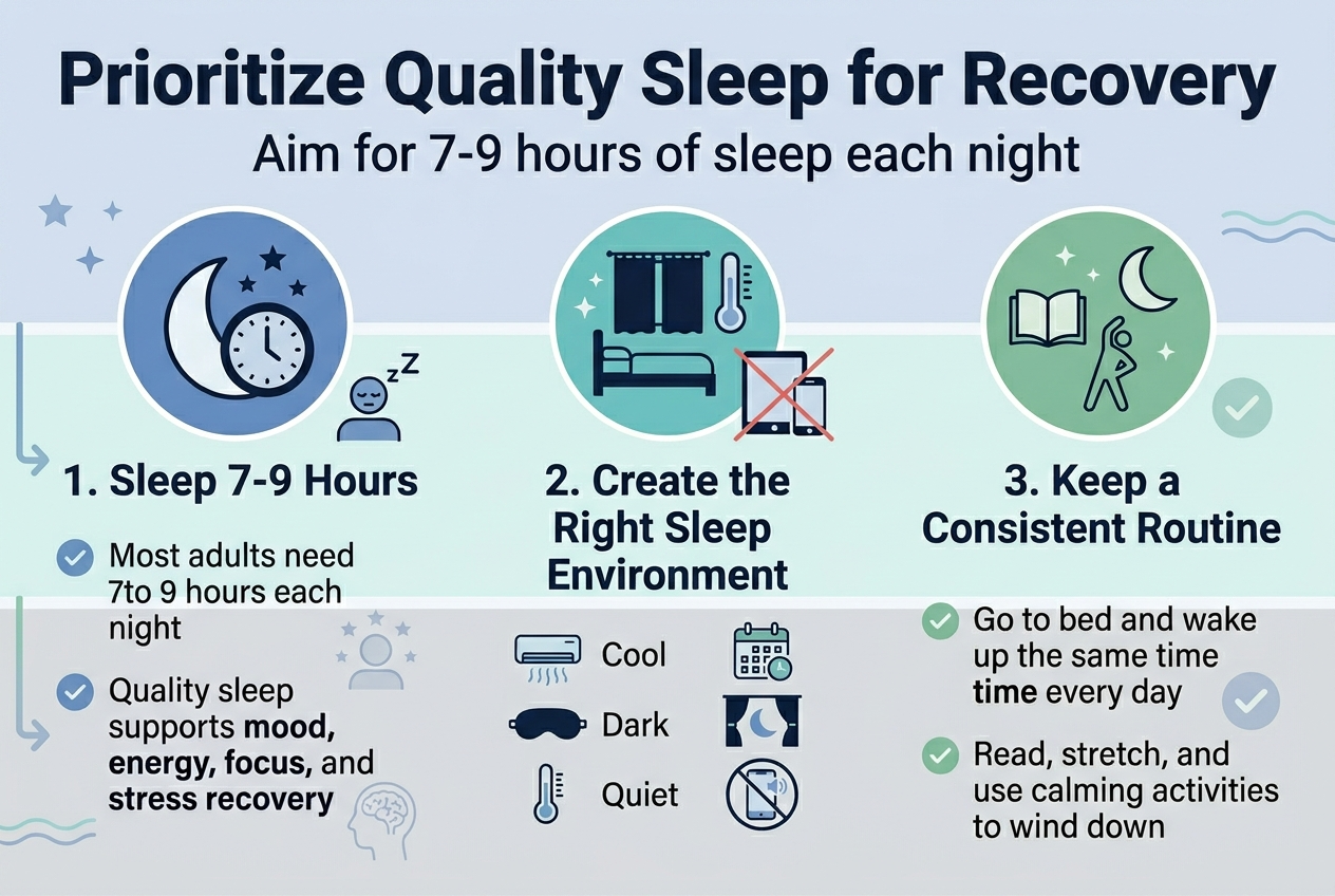 Create a clean, modern health infographic in a 3:2 aspect ratio, full-bleed layout with no frame, using a calm navy, teal, soft blue, white, and pale gray color palette. Use bold sans-serif fonts for headings and readable sans-serif body text. Place a large bold title across the top: "Prioritize Quality Sleep for Recovery". Under the title, add a smaller subtitle: "Aim for 7-9 hours of sleep each night".

Organize the infographic into three wide horizontal sections across the page, each in a rounded rectangular block with a distinct icon and short supporting text.

Left section: a moon and clock icon in a blue circle. Heading text: "1. Sleep 7-9 Hours". Body text: "Most adults need 7 to 9 hours each night" and "Quality sleep supports mood, energy, focus, and stress recovery". Show a simple sleeping person icon, stars, and a subtle brain/body recharge visual.

Center section: a bedroom icon with a bed, blackout curtain, and thermometer in a teal circle. Heading text: "2. Create the Right Sleep Environment". Body text in three short bullet lines: "Cool", "Dark", "Quiet". Add small icons for an air conditioner/cool breeze, blackout curtains or eye mask, and a muted phone with blue light crossed out. Include a crossed-out phone and tablet near the bed.

Right section: a calm bedtime routine icon with a book, stretching figure, and crescent moon in a green circle. Heading text: "3. Keep a Consistent Routine". Body text: "Go to bed and wake up at the same time every day" and "Read, stretch, and use calming activities to wind down". Add a small repeating schedule/calendar icon and a soft checkmark.

Use a clear visual hierarchy: title at top, subtitle beneath, then three evenly spaced sections across the width. Include small checkmark bullets, subtle arrows, and simple sleep-themed decorative elements such as stars and gentle wave lines. Keep the layout airy, balanced, and professional, with high contrast text on light backgrounds.