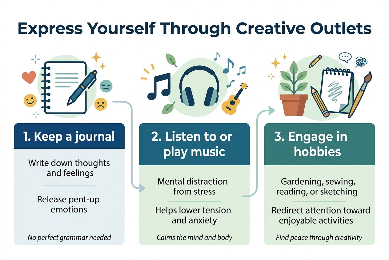 Create a clean professional infographic in a 3:2 aspect ratio with a full-bleed layout, wide horizontal composition, no poster frame, no inset margins. Use a modern sans-serif font, strong visual hierarchy, and a calming palette of deep blue, teal, soft green, warm yellow accents, and white background. Add a bold title across the top: "Express Yourself Through Creative Outlets". 

Arrange three wide numbered sections across the middle and lower area, either in three horizontal blocks or a 2-over-1 grid, with clear icons and short text. Use crisp flat vector illustrations.

Section 1 on the left: a notebook and pen icon, with a small heart or emotion symbols. Heading text: "1. Keep a journal". Body text: "Write down thoughts and feelings" and "Release pent-up emotions". Add a small note-style line: "No perfect grammar needed".

Section 2 in the center: musical note, headphones, and small instrument icon. Heading text: "2. Listen to or play music". Body text: "Mental distraction from stress" and "Helps lower tension and anxiety". Add a small line: "Calms the mind and body".

Section 3 on the right: a gardening and sketching scene with a potted plant, pencil, sketchbook, and paintbrush. Heading text: "3. Engage in hobbies". Body text: "Gardening, sewing, reading, or sketching" and "Redirect attention toward enjoyable activities". Add a small line: "Find peace through creativity".

Include subtle connecting lines or soft curved arrows between the three sections for flow. Add small decorative stress-release symbols such as floating sparks, leaves, music notes, and doodles. Keep text readable, aligned, and minimal, with clear spacing and balanced margins within the full-bleed canvas.