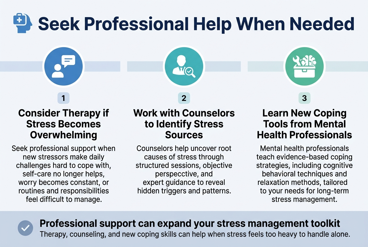 Create a clean, professional full-bleed infographic illustration in 3:2 aspect ratio with a modern healthcare aesthetic, using a white background with soft blue, teal, and navy accents, subtle light-gray dividers, and bold sans-serif typography.

Top header across the full width: large bold title in dark navy text, exactly "Seek Professional Help When Needed" with a small blue medical/mental health icon beside it.

Below the header, arrange three wide horizontal content blocks in a 3-column layout or three large side-by-side panels across the center, each with a colored icon, a numbered label, a bold subheading, and short supporting text.

Left panel:
- Blue circular icon with a person and speech bubble.
- Number label "1"
- Subheading in bold: "Consider Therapy if Stress Becomes Overwhelming"
- Supporting text in smaller readable font:
  "Seek professional support when new stressors make daily challenges hard to cope with, self-care no longer helps, worry becomes constant, or routines and responsibilities feel difficult to manage."

Center panel:
- Teal circular icon with a counselor silhouette and magnifying glass or checklist.
- Number label "2"
- Subheading in bold: "Work with Counselors to Identify Stress Sources"
- Supporting text:
  "Counselors help uncover root causes of stress through structured sessions, objective perspective, and expert guidance to reveal hidden triggers and patterns."

Right panel:
- Green circular icon with a toolbox, brain, or coping tools symbol.
- Number label "3"
- Subheading in bold: "Learn New Coping Tools from Mental Health Professionals"
- Supporting text:
  "Mental health professionals teach evidence-based coping strategies, including cognitive behavioral techniques and relaxation methods, tailored to your needs for long-term stress management."

Add a bottom band spanning the width with a simple callout box in soft blue-gray:
- Small checkmark icon on the left
- Bold text: "Professional support can expand your stress management toolkit."
- Small supporting line: "Therapy, counseling, and new coping skills can help when stress feels too heavy to handle alone."

Use clear visual hierarchy, ample spacing, aligned text blocks, and clean infographic icons. No extra decorative elements, no frame, no narrow vertical poster layout, no clutter.