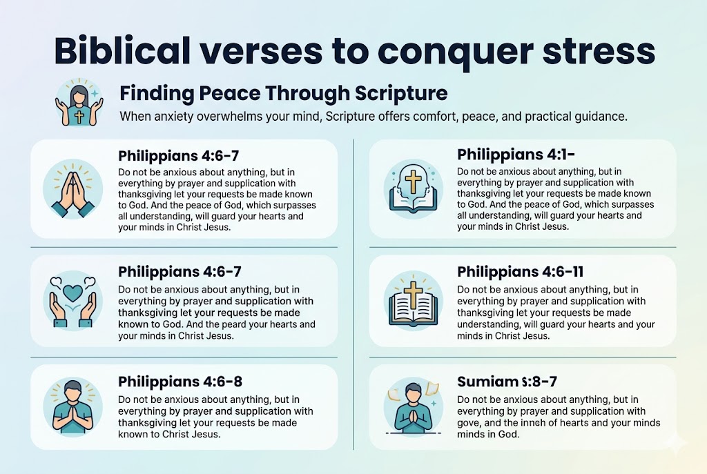 Create a full-bleed 3:2 wide infographic illustration with a clean, professional modern design in soft blue, teal, white, and gold accents. Use a bold title across the top center in large dark navy sans-serif text: "Biblical verses to conquer stress". Add a smaller subtitle below it: "Finding Peace Through Scripture".

Use a wide 2-column layout with five rounded content blocks, each with a clear icon and bold section heading. Include thin dividers, subtle light gradient background, and consistent visual hierarchy.

Top section:
- Left of subtitle: a small calming icon of a person with hands lifted and a glowing cross.
- Under the subtitle, place a short one-line intro in smaller text: "When anxiety overwhelms your mind, Scripture offers comfort, peace, and practical guidance."

Main content blocks:
1. Upper left block with a prayer hands icon and bold heading: "Philippians 4:6-7"
   Include the verse text in smaller readable text:
   "Do not be anxious about anything, but