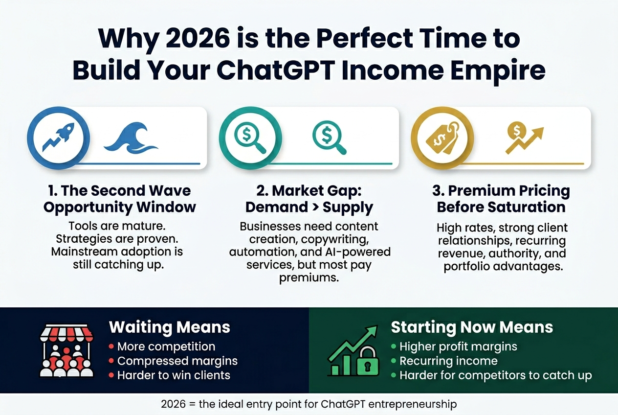 Create a full-bleed landscape infographic in aspect ratio 3:2 with a clean modern business style, white background with deep navy, teal, and gold accents, bold sans-serif typography, strong visual hierarchy, and wide horizontal sections instead of a vertical poster layout.

Top center: large bold heading in dark navy text: "Why 2026 is the Perfect Time to Build Your ChatGPT Income Empire"

Below the heading, arrange three wide horizontal panels across the page, each with a large numbered circle icon on the left and a matching symbol:
1) Left panel: blue circular icon with a rising wave and rocket symbol. Title text: "1. The Second Wave Opportunity Window". Supporting text: "Tools are mature. Strategies are proven. Mainstream adoption is still catching up."
2) Middle panel: teal circular icon with a magnifying glass and dollar sign symbol. Title text: "2. Market Gap: Demand > Supply". Supporting text: "Businesses need content creation, copywriting, automation, and AI-powered services, but most still pay premium prices."
3) Right panel: gold circular icon with a price tag and growth arrow symbol. Title text: "3. Premium Pricing Before Saturation". Supporting text: "High rates, strong client relationships, recurring revenue, authority, and portfolio advantages."

Across the bottom, add a bold comparison strip split into two columns with simple icons:
Left column with a crowded market icon and red accents: "Waiting Means" followed by "More competition" "Compressed margins" "Harder to win clients"
Right column with a growth and lock-in icon and green accents: "Starting Now Means" followed by "Higher profit margins" "Recurring income" "Harder for competitors to catch up"

Add a small centered footer line in dark gray: "2026 = the ideal entry point for ChatGPT entrepreneurship"

Use crisp flat vector shapes, subtle shadows, balanced spacing, and clear readable text. No people, no photo realism, no frame, no border.