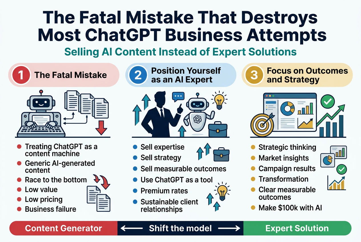 Create a clean, professional full-bleed infographic illustration in a 3:2 aspect ratio with a modern business-tech style, white background with blue, teal, and gold accents, bold sans-serif fonts, and clear visual hierarchy.

Top header spanning full width:
Large bold title in dark navy: "The Fatal Mistake That Destroys Most ChatGPT Business Attempts"
Smaller subtitle underneath in teal: "Selling AI Content Instead of Expert Solutions"

Main layout: three wide horizontal sections across the page, each in a rounded rectangular block with a distinct icon and numbered label.

Left section, labeled with a red circle icon containing "1":
Heading: "The Fatal Mistake"
Visual: a generic content machine icon or robot typing, with repeated document pages and a downward arrow.
Text beneath:
"Treating ChatGPT as a content machine"
"Generic AI-generated content"
"Race to the bottom"
"Low value"
"Low pricing"
"Business failure"

Center section, labeled with a blue circle icon containing "2":
Heading: "Position Yourself as an AI Expert"
Visual: a confident expert silhouette next to a chatbot, a briefcase, and a lightbulb, with upward arrows.
Text beneath:
"Sell expertise"
"Sell strategy"
"Sell measurable outcomes"
"Use ChatGPT as a tool"
"Premium rates"
"Sustainable client relationships"

Right section, labeled with a gold circle icon containing "3":
Heading: "Focus on Outcomes and Strategy"
Visual: a dashboard with charts, a target, a checkmark, and growing line graph.
Text beneath:
"Strategic thinking"
"Market insights"
"Campaign results"
"Transformation"
"Clear measurable outcomes"
"Make $100k with AI"

Bottom strip across full width with a simple comparison row:
Left side in red: "Content Generator"
Right side in green: "Expert Solution"
Center arrow pointing from left to right labeled: "Shift the model"

Use strong contrast, minimal clutter, neat alignment, and large readable text. Add small accent icons like checkmarks, arrows, charts, and briefcase symbols near each bullet group. Keep the infographic wide and spacious, with all text clearly visible.
