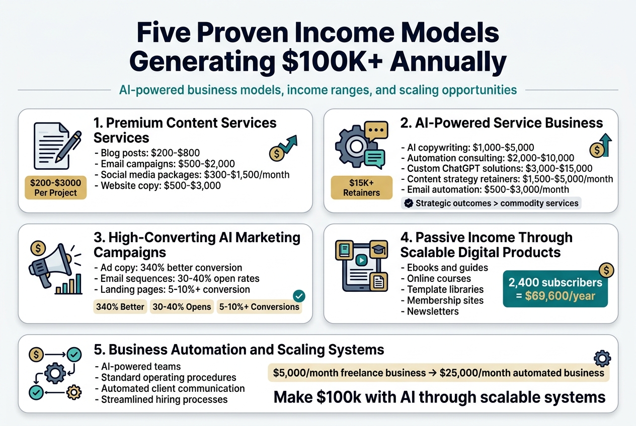 Create a clean professional infographic illustration in a 3:2 aspect ratio, full-bleed layout with no frame, using a modern business style, white background with navy, teal, gold, and light gray accents, bold sans-serif typography, strong visual hierarchy, and crisp vector icons.

Top center: large bold heading in dark navy text: "Five Proven Income Models Generating $100K+ Annually"

Under the heading, add a thin horizontal divider line and a small subtitle in teal: "AI-powered business models, income ranges, and scaling opportunities"

Main layout: five wide horizontal sections arranged in a 2-row grid across the page, each section in a rounded rectangle card with a distinct icon, numbered label, short title, and bullet points. Use wide spacing, not a narrow vertical stack.

Section 1, top left card with a document and pen icon:
"1. Premium Content Services"
small gold tag: "$200-$3000 Per Project"
Bullets:
"- Blog posts: $200-$800"
"- Email campaigns: $500-$2,000"
"- Social media packages: $300-$1,500/month"
"- Website copy: $500-$3,000"
Include a small upward revenue arrow icon.

Section 2, top right card with a gear and chat bubble icon:
"2. AI-Powered Service Business"
small gold tag: "$15K+ Retainers"
Bullets:
"- AI copywriting: $1,000-$5,000"
"- Automation consulting: $2,000-$10,000"
"- Custom ChatGPT solutions: $3,000-$15,000"
"- Content strategy retainers: $1,500-$5,000/month"
"- Email automation: $500-$3,000/month"
Add a small badge reading: "Strategic outcomes > commodity services"

Section 3, middle left card with a megaphone and analytics icon:
"3. High-Converting AI Marketing Campaigns"
Bullets:
"- Ad copy: 340% better conversion"
"- Email sequences: 30-40% open rates"
"- Landing pages: 5-10%+ conversion"
Add three small metric callouts in highlighted boxes: "340% Better", "30-40% Opens", "5-10%+ Conversions"

Section 4, middle right card with a digital product icon showing ebook, course, and template symbols:
"4. Passive Income Through Scalable Digital Products"
Bullets:
"- Ebooks and guides"
"- Online courses"
"- Template libraries"
"- Membership sites"
"- Newsletters"
Include a featured stat badge in teal and gold: "2,400 subscribers = $69,600/year"

Section 5, bottom full-width card with a workflow and automation icon:
"5. Business Automation and Scaling Systems"
Bullets:
"- AI-powered teams"
"- Standard operating procedures"
"- Automated client communication"
"- Streamlined hiring processes"
Add a large highlighted outcome box: "$5,000/month freelance business -> $25,000/month automated business"
Add a final bold callout in dark navy: "Make $100k with AI through scalable systems"

Add small accent icons beside key stats: dollar signs, upward arrows, checkmarks, and automation gears. Use clean line icons, subtle shadows, and color-coded highlight boxes for income figures. Keep all text sharp, readable, and evenly aligned.