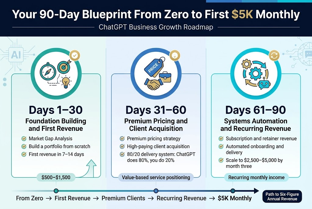Create a clean, modern full-bleed infographic illustration in a 3:2 aspect ratio with a professional tech/business style. Use a wide horizontal layout with three equal columns across the page, separated by thin lines or soft dividers. Background in light white and pale blue gradients with subtle geometric AI/network accents. Typography: bold sans-serif headline, clear sans-serif body text, strong visual hierarchy. Use navy blue, teal, cyan, and gold accents.

Top header across full width:
Large bold title text: "Your 90-Day Blueprint From Zero to First $5K Monthly"
Add a thin subtitle line beneath the title: "ChatGPT Business Growth Roadmap"

Main body: three large horizontal milestone blocks labeled with numbered headings, each with a distinct icon and color theme.

Left column / first block:
Large circle icon: a compass, target, and lightbulb combined, in teal and gold.
Heading text: "Days 1–30"
Subheading text: "Foundation Building and First Revenue"
Three short bullet points with small check icons:
"Market Gap Analysis"
"Build a portfolio from scratch"
"First revenue in 7–14 days"
Small milestone banner at bottom of block: "$500–$1,500"
Include a simple upward arrow icon near the milestone banner.

Center column / second block:
Large circle icon: a premium price tag, handshake, and briefcase, in blue and gold.
Heading text: "Days 31–60"
Subheading text: "Premium Pricing and Client Acquisition"
Three short bullet points with small check icons:
"Premium pricing strategy"
"High-paying client acquisition"
"80/20 delivery system: ChatGPT does 80%, you do 20%"
Small milestone banner at bottom of block: "Value-based service positioning"

Right column / third block:
Large circle icon: an automation gear, recurring loop arrow, and chatbot bubble, in cyan and gold.
Heading text: "Days 61–90"
Subheading text: "Systems Automation and Recurring Revenue"
Three short bullet points with small check icons:
"Subscription and retainer revenue"
"Automated onboarding and delivery"
"Scale to $2,500–$5,000 by month three"
Small milestone banner at bottom of block: "Recurring monthly income"

Bottom footer strip across full width:
Add a horizontal growth arrow from left to right with small nodes at each phase.
Include the text: "From Zero → First Revenue → Premium Clients → Recurring Revenue → $5K Monthly"
Add a small final badge on the far right: "Path to Six-Figure Annual Revenue"

Use crisp spacing, aligned text boxes, and balanced composition. Keep all text fully legible, clean, and minimal, with no extra wording beyond the specified labels and bullet points.