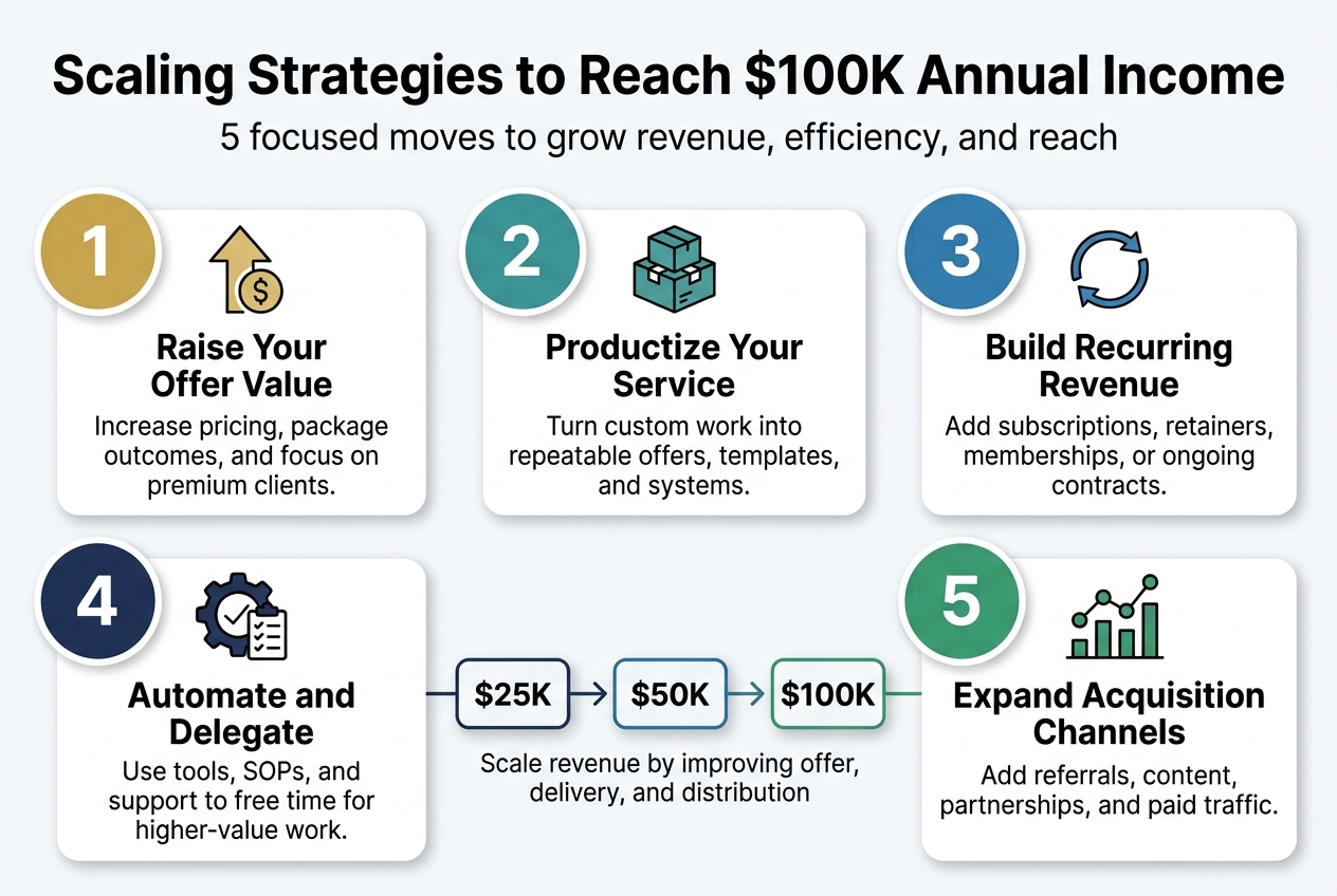 Create a clean, modern infographic illustration in a 3:2 aspect ratio, full-bleed layout with no frame or inset border, using a wide horizontal composition and a professional business style.

Top header across the full width with bold sans-serif title text:
"Scaling Strategies to Reach $100K Annual Income"

Directly under the title, a smaller subtitle:
"5 focused moves to grow revenue, efficiency, and reach"

Main layout: five large numbered horizontal cards arranged in two rows, wide and balanced, with clear spacing and visual hierarchy. Use a white background with deep navy, teal, blue, and gold accent colors. Use bold black headings, dark gray body text, and colored number badges. Include simple flat icons in each card.

Card 1 on the left:
Large gold circle with "1"
Icon: upward arrow with dollar sign
Heading: "Raise Your Offer Value"
Body text: "Increase pricing, package outcomes, and focus on premium clients."

Card 2 next to it:
Large teal circle with "2"
Icon: layered product boxes
Heading: "Productize Your Service"
Body text: "Turn custom work into repeatable offers, templates, and systems."

Card 3 on the right:
Large blue circle with "3"
Icon: recurring cycle arrows
Heading: "Build Recurring Revenue"
Body text: "Add subscriptions, retainers, memberships, or ongoing contracts."

Card 4 on the lower left:
Large navy circle with "4"
Icon: gear and checklist
Heading: "Automate and Delegate"
Body text: "Use tools, SOPs, and support to free time for higher-value work."

Card 5 on the lower right:
Large green circle with "5"
Icon: growth chart with connected nodes
Heading: "Expand Acquisition Channels"
Body text: "Add referrals, content, partnerships, and paid traffic."

Center-bottom milestone strip spanning the width with a simple progress path and three milestones in connected boxes:
"$25K" → "$50K" → "$100K"
Small caption beneath:
"Scale revenue by improving offer, delivery, and distribution"

Use clean sans-serif fonts, strong spacing, subtle shadows, rounded rectangles, minimal line icons, and a polished corporate infographic look. Ensure all text is crisp, legible, and exactly as written.