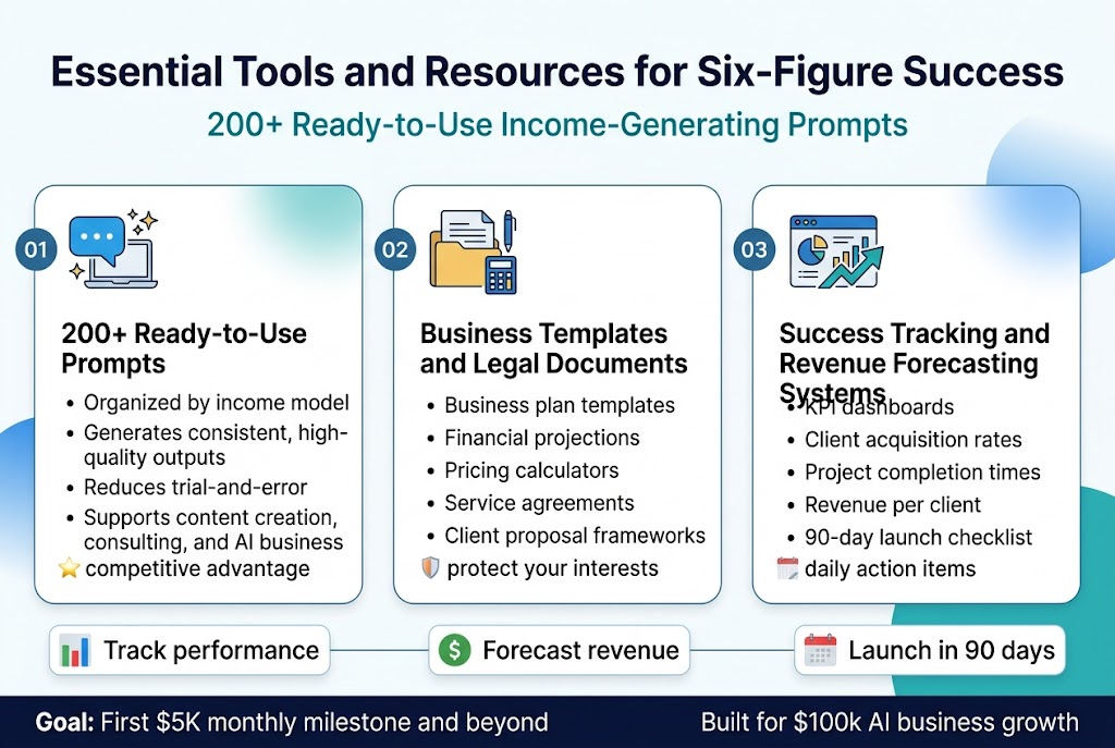Create a full-bleed professional infographic in a 3:2 aspect ratio, modern SaaS-style design, clean white background with blue, teal, navy, and gold accents, subtle gradient shapes, crisp sans-serif typography, strong visual hierarchy, wide horizontal layout with three large content blocks across the middle and bottom.

Top header centered across full width:
Bold title in dark navy: "Essential Tools and Resources for Six-Figure Success"
Smaller subtitle beneath in teal: "200+ Ready-to-Use Income-Generating Prompts"

Main body in three horizontal sections with numbered labels, each section in a rounded rectangle card with a matching icon on the left of the card title:

Left section:
Number badge "01"
Icon: a chat bubble with sparkles and a laptop
Card title: "200+ Ready-to-Use Prompts"
Bullet points:
"Organized by income model"
"Generates consistent, high-quality outputs"
"Reduces trial-and-error"
"Supports content creation, consulting, and AI business models"
Add a small gold star icon beside "competitive advantage"

Center section:
Number badge "02"
Icon: a document folder with a pen and calculator
Card title: "Business Templates and Legal Documents"
Bullet points:
"Business plan templates"
"Financial projections"
"Pricing calculators"
"Service agreements"
"Client proposal frameworks"
Add small shield icon near "protect your interests"

Right section:
Number badge "03"
Icon: a dashboard screen with charts and an upward arrow
Card title: "Success Tracking and Revenue Forecasting Systems"
Bullet points:
"KPI dashboards"
"Client acquisition rates"
"Project completion times"
"Revenue per client"
"90-day launch checklist"
Add a small calendar icon beside "daily action items"

Bottom band spanning full width with three compact metric callouts connected by thin lines:
"Track performance"
"Forecast revenue"
"Launch in 90 days"
Include small icons: bar chart, dollar sign, calendar.

Footer strip in dark navy with white text:
"Goal: First $5K monthly milestone and beyond"
"Built for $100k AI business growth"

Use clean spacing, aligned grids, bold section headers, high contrast text, professional business infographic style, no people, no mockups, no phone screens, no clutter.