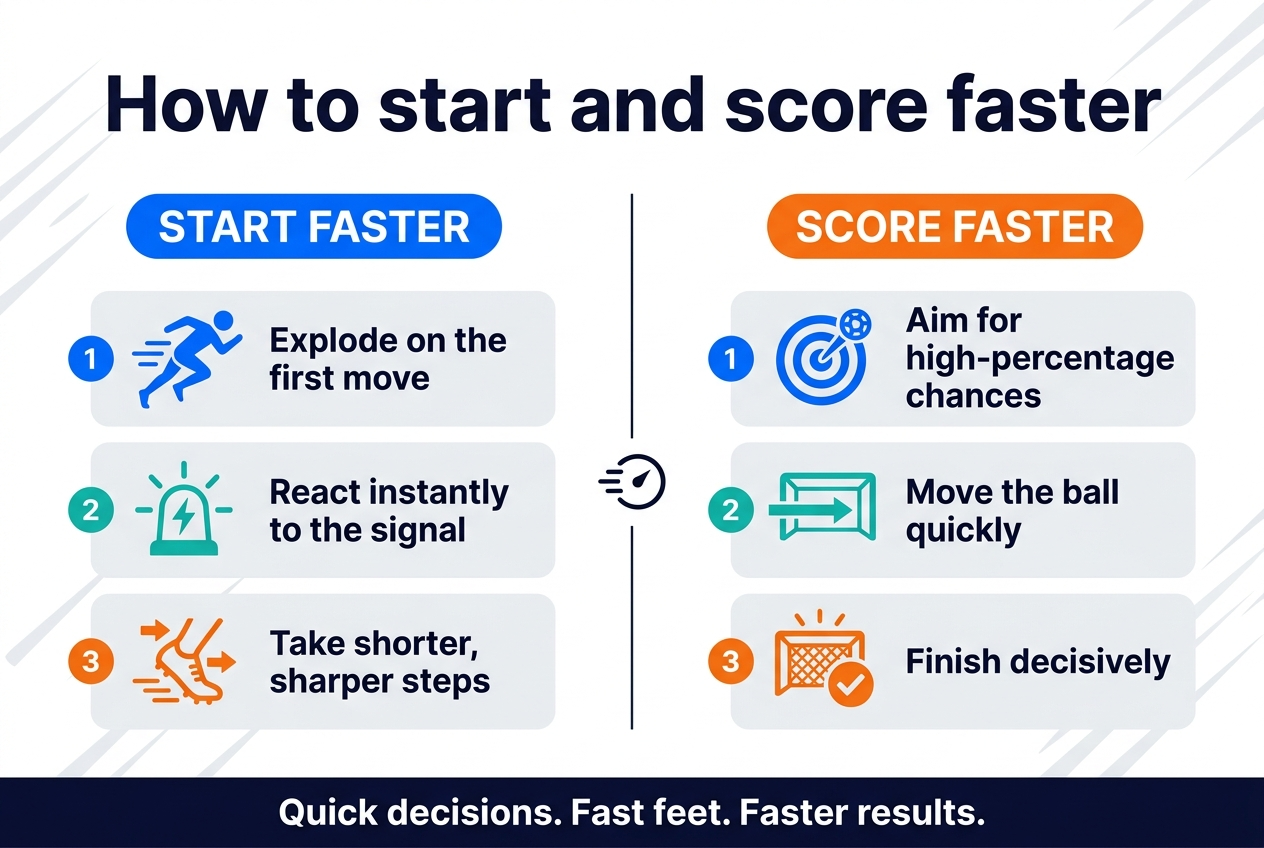 Full-bleed 3:2 landscape infographic, clean modern sports-performance style, no border or inset frame, wide horizontal layout with two main columns.

Top center: bold large heading in dark navy text, exact text: "How to start and score faster"

Background: bright white with subtle light-gray diagonal motion streaks; accent colors electric blue, teal, and orange.

Left half: section title in a blue rounded label, exact text: "START FASTER"
Below it, three stacked horizontal step blocks with numbered circles and icons:
1. A blue sprint-start icon of a runner leaning forward, exact text: "Explode on the first move"
2. A teal reaction-light icon with a lightning bolt, exact text: "React instantly to the signal"
3. An orange footwork icon with quick arrows, exact text: "Take shorter, sharper steps"

Right half: section title in an orange rounded label, exact text: "SCORE FASTER"
Below it, three stacked horizontal step blocks with numbered circles and icons:
1. A blue target icon with a ball hitting the center, exact text: "Aim for high-percentage chances"
2. A teal pass-and-shoot icon with an arrow into a goal, exact text: "Move the ball quickly"
3. An orange goalburst icon with a checkmark, exact text: "Finish decisively"

Center divider: a thin vertical line with a small speed arrow icon in the middle.

Bottom strip across the full width: a dark navy banner with white text, exact text: "Quick decisions. Fast feet. Faster results."

Use bold sans-serif typography, strong visual hierarchy, crisp vector-style icons, clear spacing, and aligned blocks for a professional infographic look.