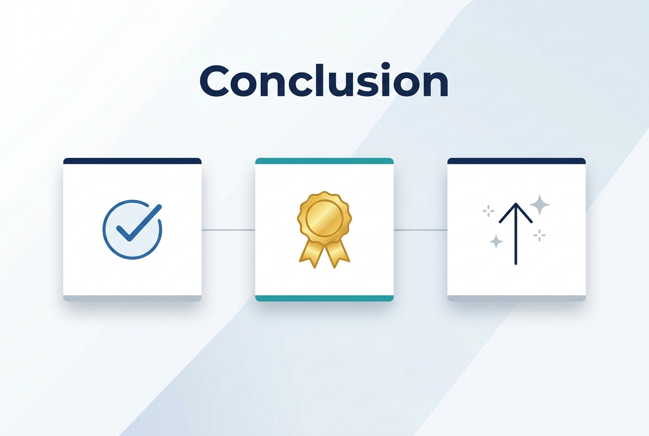 Full-bleed 3:2 infographic illustration with a clean professional layout on a light background with subtle blue-gray gradient accents. Large bold heading at the top center in modern sans-serif font: "Conclusion". Below the heading, a wide horizontal center composition with three evenly spaced clean blocks connected by thin lines: left block with a blue checkmark icon inside a circle, center block with a polished gold closing ribbon icon, right block with a simple upward arrow and subtle spark icon. Use a balanced wide layout, not a vertical poster. Add soft geometric shapes, thin divider lines, and minimal shadowed cards for structure. Color palette: navy blue, teal, white, light gray, and gold highlights. High contrast, crisp vector style, lots of clean whitespace, no extra text.
