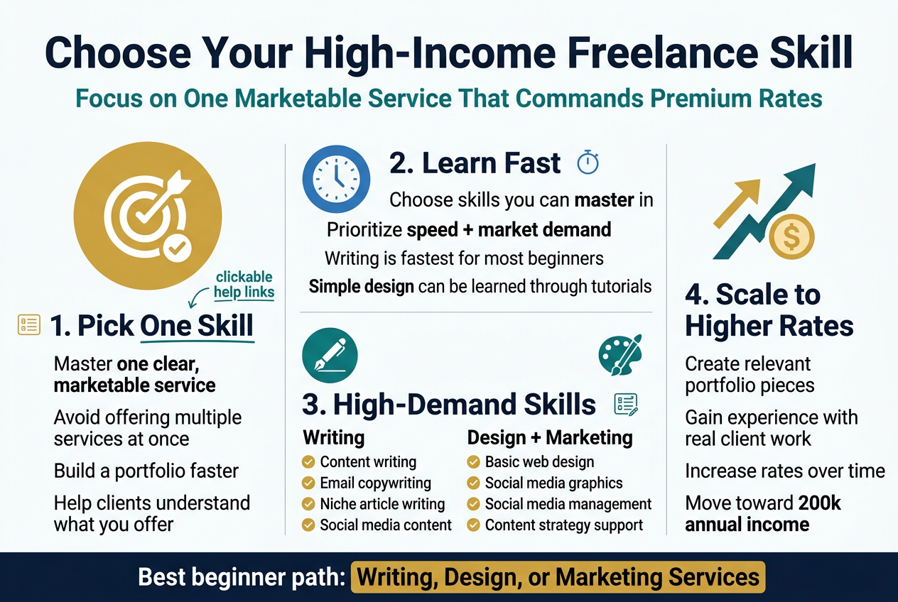 Create a clean professional infographic illustration in a 3:2 aspect ratio, full-bleed layout, modern flat design, white background with deep navy, teal, and gold accents, bold sans-serif typography, high visual hierarchy.
Top center: large bold title in dark navy text: "Choose Your High-Income Freelance Skill"
Directly under the title, a smaller subtitle in teal: "Focus on One Marketable Service That Commands Premium Rates"
Main layout: a wide 3-column horizontal infographic with 4 distinct content blocks across the canvas, using icons and numbered sections.
Section 1 on the left: a large gold circle icon with a target/checkmark, heading in navy: "1. Pick One Skill", body text in short lines: "Master one clear, marketable service", "Avoid offering multiple services at once", "Build a portfolio faster", "Help clients understand what you offer"
Add a small help-link style label near the heading in teal text with an underline: "clickable help links"
Section 2 in the upper middle: a blue clock icon, heading: "2. Learn Fast", body text: "Choose skills you can master in weeks", "Prioritize speed + market demand", "Writing is fastest for most beginners", "Simple design can be learned through tutorials"
Section 3 in the lower middle: a teal writing pen icon and a small design palette icon side by side, heading: "3. High-Demand Skills", split into two mini lists with small check icons:
Under "Writing": "Content writing", "Email copywriting", "Niche article writing", "Social media content"
Under "Design + Marketing": "Basic web design", "Social media graphics", "Social media management", "Content strategy support"
Section 4 on the right: an upward growth arrow icon with a coin symbol, heading: "4. Scale to Higher Rates", body text: "Create relevant portfolio pieces", "Gain experience with real client work", "Increase rates over time", "Move toward 200k annual income"
Bottom band across the full width: a horizontal callout bar in dark navy with white text and a gold highlight box. Include the text: "Best beginner path: Writing, Design, or Marketing Services"
Use clear section dividers, balanced spacing, and strong alignment. Include small simple line icons beside each heading. Keep the layout wide and uncluttered, with multi-column blocks rather than a vertical poster stack.