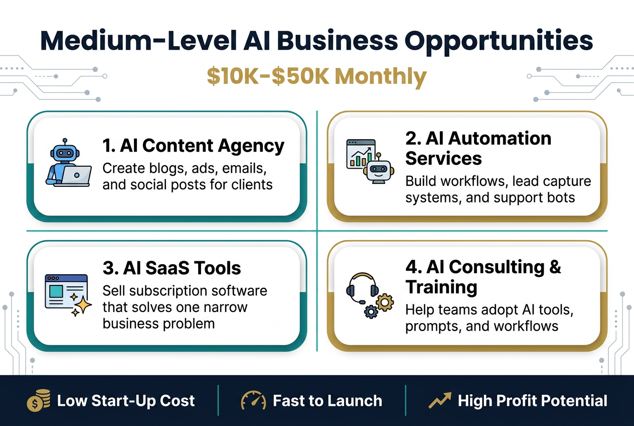 Full-bleed professional infographic in a 3:2 aspect ratio, clean modern business style, white background with dark navy, teal, and gold accents, bold sans-serif typography, strong visual hierarchy.

Top center: large bold heading text in dark navy, "Medium-Level AI Business Opportunities"
Directly beneath the heading, smaller gold subtitle text, "$10K-$50K Monthly"

Main content arranged in four wide horizontal sections across the middle and lower area, using two columns on the left and two columns on the right, with clear spacing and thin teal dividers.

Section 1, upper left: a rounded white card with a teal border, small blue robot and laptop icon, bold label text "1. AI Content Agency" and smaller text below, "Create blogs, ads, emails, and social posts for clients"

Section 2, upper right: a rounded white card with a gold border, small chart and chatbot icon, bold label text "2. AI Automation Services" and smaller text below, "Build workflows, lead capture systems, and support bots"

Section 3, lower left: a rounded white card with a teal border, small app window and sparkle icon, bold label text "3. AI SaaS Tools" and smaller text below, "Sell subscription software that solves one narrow business problem"

Section 4, lower right: a rounded white card with a gold border, small headset and gears icon, bold label text "4. AI Consulting & Training" and smaller text below, "Help teams adopt AI tools, prompts, and workflows"

Bottom band across the full width: a dark navy strip with three metric blocks separated by thin lines, each with a small icon and bold text. Left block: coin icon and text "Low Start-Up Cost". Center block: speedometer icon and text "Fast to Launch". Right block: growth arrow icon and text "High Profit Potential"

Add subtle decorative AI circuit lines and dotted nodes in the background, keeping the layout wide, balanced, and uncluttered. No poster frame, no inset margins.