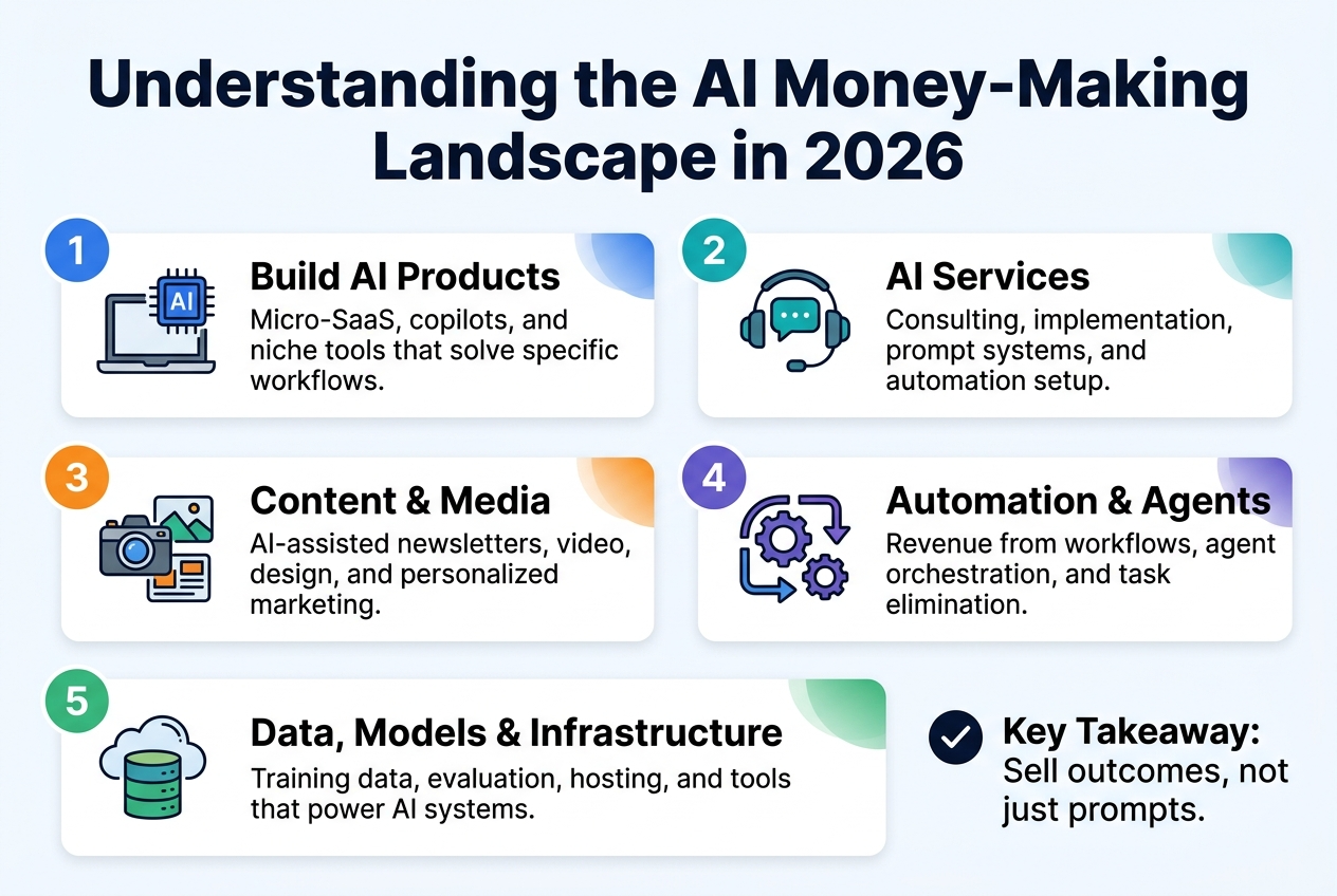 Create a full-bleed 3:2 landscape infographic with a clean modern business style, white background with deep navy, teal, electric blue, and orange accents, subtle gradient shapes, crisp vector icons, and strong typographic hierarchy in a bold sans-serif font.

Top center: large bold heading in dark navy text, exact text: "Understanding the AI Money-Making Landscape in 2026"

Below the heading, arrange five wide horizontal content blocks in a 2-row grid with clear spacing, each block containing a numbered circle icon, a simple illustrative icon, a short title, and a one-line description.

Block 1 on the upper left: blue circle with "1" and a laptop + AI chip icon. Title text: "Build AI Products". Subtitle text: "Micro-SaaS, copilots, and niche tools that solve specific workflows."

Block 2 on the upper center-right: teal circle with "2" and a headset + chat bubbles icon. Title text: "AI Services". Subtitle text: "Consulting, implementation, prompt systems, and automation setup."

Block 3 on the middle left: orange circle with "3" and a camera + content cards icon. Title text: "Content & Media". Subtitle text: "AI-assisted newsletters, video, design, and personalized marketing."

Block 4 on the middle center-right: purple circle with "4" and gears + flow arrows icon. Title text: "Automation & Agents". Subtitle text: "Revenue from workflows, agent orchestration, and task elimination."

Block 5 spanning the bottom width: green circle with "5" and database + cloud icon. Title text: "Data, Models & Infrastructure". Subtitle text: "Training data, evaluation, hosting, and tools that power AI systems."

Bottom right callout box with a bold label and checkmark icon: exact text: "Key Takeaway: Sell outcomes, not just prompts."

Use clean alignment, wide horizontal sections, bold section headers, compact subtitle text, and modern infographic icons. No borders around the canvas, no inset poster frame, no centered vertical stack.
