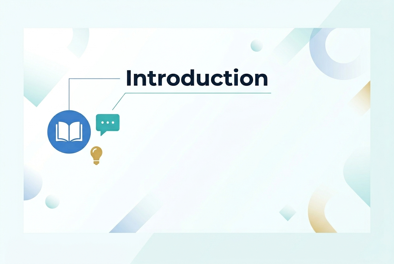 Create a full-bleed professional infographic cover in 3:2 aspect ratio with a clean modern design. Place a large bold heading centered near the top: "Introduction". Use a spacious horizontal layout with subtle abstract geometric shapes and soft gradient accents across the wide background. Include a simple icon cluster on the left side: a blue circle with a white open-book icon, a teal speech bubble, and a small gold lightbulb. Add thin connecting lines leading toward the centered title. Use a white or very light background with blue, teal, and gold accents. Use a modern sans-serif font, strong hierarchy, and ample open space. No border, no inset frame, no extra text.