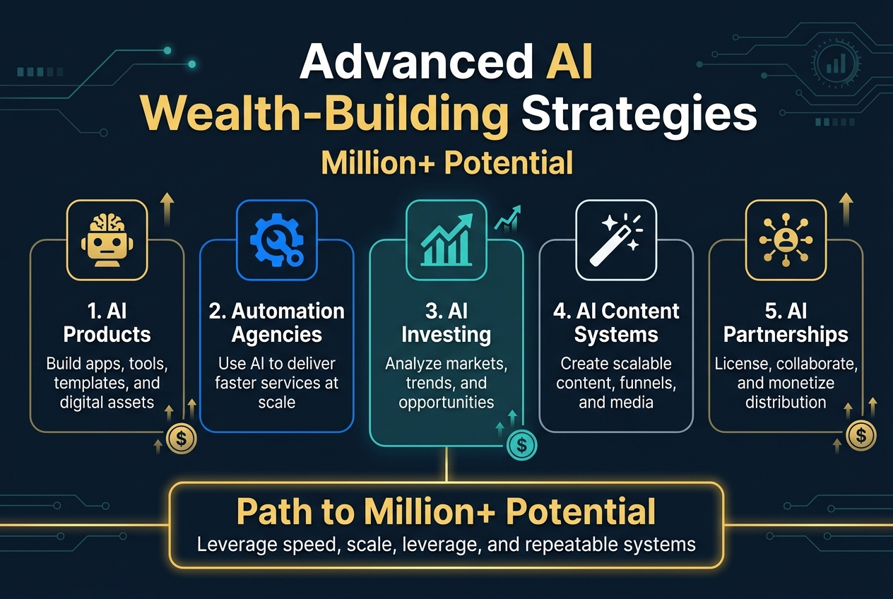 Full-bleed professional infographic, aspect ratio 3:2, clean modern corporate style, dark navy background with teal, gold, white, and electric blue accents, bold sans-serif typography with strong hierarchy.

Top center: large bold title in white and gold text: “Advanced AI Wealth-Building Strategies” with smaller gold subtitle beneath: “Million+ Potential”.

Below the title, wide horizontal 5-column layout across the center and lower half, each section in a rounded rectangular card with a matching icon at the top and a numbered label:

1. Card on far left with a gold robot-brain icon, heading text: “1. AI Products”, subtext: “Build apps, tools, templates, and digital assets”.
2. Second card with a blue automation gear icon, heading text: “2. Automation Agencies”, subtext: “Use AI to deliver faster services at scale”.
3. Middle card slightly emphasized with a teal upward chart icon, heading text: “3. AI Investing”, subtext: “Analyze markets, trends, and opportunities”.
4. Fourth card with a white content-magic wand icon, heading text: “4. AI Content Systems”, subtext: “Create scalable content, funnels, and media”.
5. Far right card with a gold network icon, heading text: “5. AI Partnerships”, subtext: “License, collaborate, and monetize distribution”.

Bottom band across the full width: a bold callout strip with a glowing gold border and large text: “Path to Million+ Potential” and smaller text beneath: “Leverage speed, scale, leverage, and repeatable systems”.

Add subtle futuristic linework, data nodes, and circuit motifs in the background, with small upward arrows and coin symbols near the cards. Keep the layout balanced, wide, and spacious, with clear spacing between sections and strong visual contrast.