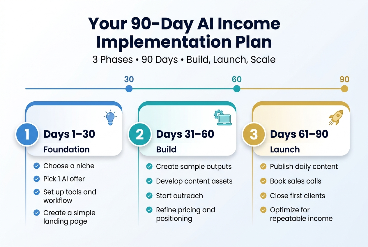 Create a full-bleed 3:2 landscape infographic with a clean modern business style, white background with blue, teal, and gold accents, subtle gradients, crisp sans-serif typography, and strong visual hierarchy.

Top center: large bold heading in dark navy text: "Your 90-Day AI Income Implementation Plan"
Directly below the heading, smaller subtitle text: "3 Phases • 90 Days • Build, Launch, Scale"

Main layout: three wide horizontal sections arranged left to right across the middle and lower area, each in a rounded rectangular block with distinct accent color and a clear numbered circle icon.

Left section:
Large blue circle icon with "1"
Heading: "Days 1–30"
Subheading: "Foundation"
Bullet points with small check icons:
"Choose a niche"
"Pick 1 AI offer"
"Set up tools and workflow"
"Create a simple landing page"

Center section:
Large teal circle icon with "2"
Heading: "Days 31–60"
Subheading: "Build"
Bullet points with small check icons:
"Create sample outputs"
"Develop content assets"
"Start outreach"
"Refine pricing and positioning"

Right section:
Large gold circle icon with "3"
Heading: "Days 61–90"
Subheading: "Launch"
Bullet points with small check icons:
"Publish daily content"
"Book sales calls"
"Close first clients"
"Optimize for repeatable income"

Add a thin horizontal progress line connecting the three sections with small milestone markers labeled "30", "60", and "90" above the line. Include simple flat icons near each section: a lightbulb for Foundation, a gear and laptop for Build, and a rocket for Launch. Use ample spacing, clean alignment, and a polished corporate infographic look.