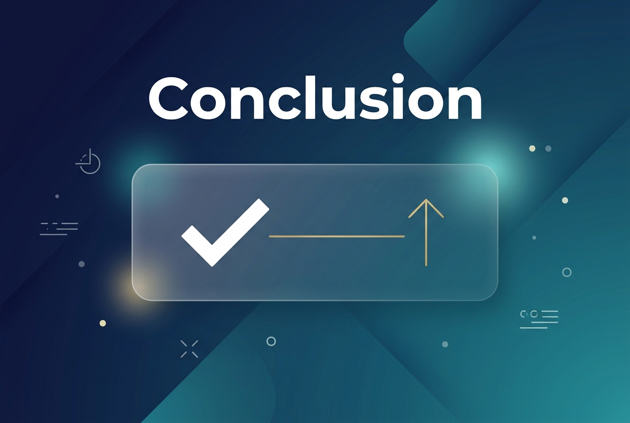 3:2 full-bleed infographic closing slide, clean professional design, deep navy-to-teal gradient background with subtle abstract geometric shapes and soft light accents. Large bold heading at the top center in white sans-serif text: "Conclusion". Center of the composition: a wide horizontal rounded rectangle panel with a subtle glassmorphism effect, containing a large white checkmark icon on the left and a simple upward arrow icon on the right, connected by a thin gold line. Minimal decorative line icons and small dots spread across the background for visual balance. Use a clear visual hierarchy with the heading largest, the center panel secondary, and no other text anywhere. Modern corporate style, crisp vector infographic look, high contrast, balanced spacing, wide layout, no vertical poster frame, no inset margins.