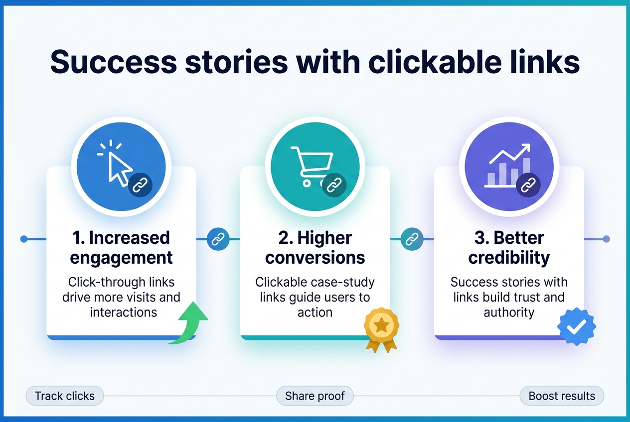 Full-bleed 3:2 infographic illustration, clean modern corporate style, white background with blue and teal accents, subtle gradient highlights, sans-serif fonts, bold dark navy heading at the top: "Success stories with clickable links". Wide horizontal layout with three equal content blocks across the center, each block featuring a circular icon and a short success story card. 

Left block: blue circle icon with a mouse cursor and chain link, title text "1. Increased engagement", smaller text "Click-through links drive more visits and interactions", a green upward arrow graphic. 

Middle block: teal circle icon with a shopping cart and link symbol, title text "2. Higher conversions", smaller text "Clickable case-study links guide users to action", a gold star badge. 

Right block: purple circle icon with a chart and link symbol, title text "3. Better credibility", smaller text "Success stories with links build trust and authority", a blue checkmark badge. 

Add a thin horizontal connector line running behind the three blocks with small link nodes between sections. Bottom strip with small footer callouts in rounded pills: "Track clicks", "Share proof", "Boost results". Clean spacing, strong visual hierarchy, professional infographic labels, crisp vector shapes, no frame, no border.