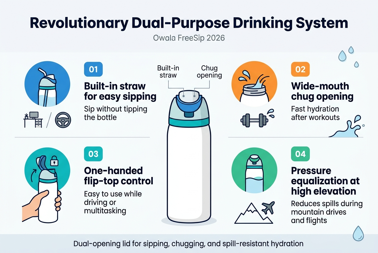 Full-bleed clean professional infographic, aspect ratio 3:2, modern flat vector style, bright white background with teal, blue, and orange accents, bold sans-serif typography, clear visual hierarchy.

Top center large bold heading in dark navy text: "Revolutionary Dual-Purpose Drinking System"
Small subtitle beneath in gray: "Owala FreeSip 2026"

Main layout: wide horizontal 2x2 grid of four feature blocks across the center and lower area, each block with a colored number badge, a simple icon, a bold subheading, and short supporting text.

Block 1 at upper left:
Blue circular icon of a straw bottle and desk/driving scene.
Number badge "01"
Bold subheading: "Built-in straw for easy sipping"
Body text: "Sip without tipping the bottle"
Small visual cue: desk and steering wheel icons beside the bottle.

Block 2 at upper right:
Orange circular icon of a wide chug opening with water motion lines.
Number badge "02"
Bold subheading: "Wide-mouth chug opening"
Body text: "Fast hydration after workouts"
Small visual cue: dumbbell icon and water splash.

Block 3 at lower left:
Teal circular icon of one hand operating a flip-top lid.
Number badge "03"
Bold subheading: "One-handed flip-top control"
Body text: "Easy to use while driving or multitasking"
Small visual cue: one hand holding bottle, lock symbol on lid.

Block 4 at lower right:
Green circular icon of a bottle at high elevation with stable water level.
Number badge "04"
Bold subheading: "Pressure equalization at high elevation"
Body text: "Reduces spills during mountain drives and flights"
Small visual cue: mountain outline, airplane icon, no water splash.

Center between blocks: a large illustrated Owala FreeSip bottle shown front-facing, with two clearly visible openings at the top, labeled with thin callout lines:
"Built-in straw"
"Chug opening"

Bottom strip across the full width with small reassurance line in dark navy:
"Dual-opening lid for sipping, chugging, and spill-resistant hydration"

Use crisp spacing, aligned sections, subtle dividers, soft shadows, minimal decorative water droplets, and balanced composition with wide horizontal flow. Avoid poster-style vertical stacking.