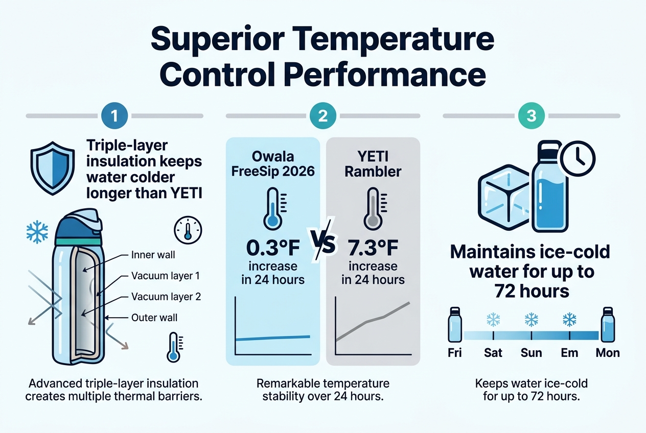 Create a clean, professional infographic illustration in a 3:2 aspect ratio with a full-bleed layout and no border frame. Use a modern premium style with a white background, deep navy headings, icy blue accents, teal highlights, and subtle gray dividers. Use bold sans-serif typography with clear visual hierarchy.

Top center: large bold heading in dark navy text: "Superior Temperature Control Performance"

Below the heading, arrange the content in three wide horizontal sections across the canvas, using a two-column or three-block infographic layout rather than a vertical stack.

SECTION 1 — left side wide block:
Add a blue shield-and-insulation icon next to the title text: "Triple-layer insulation keeps water colder longer than YETI"
Under it, show a cross-section diagram of a water bottle with three visible insulation layers, labeled with small callout text: "Inner wall", "Vacuum layer 1", "Vacuum layer 2", "Outer wall". Add thin arrows showing reduced heat transfer. Include a small cold snowflake icon and a temperature gauge icon. Place short supporting text beneath in smaller font: "Advanced triple-layer insulation creates multiple thermal barriers."

SECTION 2 — center block:
Add a large comparison graphic with two side-by-side temperature panels. Left panel in icy blue labeled: "Owala FreeSip 2026" with a thermometer icon and the text "0.3°F increase in 24 hours". Right panel in light gray labeled: "YETI Rambler" with a thermometer icon and the text "7.3°F increase in 24 hours". Between the panels, place a bold downward arrow or versus symbol. Add a simple line chart below both panels showing a nearly flat blue line on the left and a rising gray line on the right. Include a small caption in dark text: "Remarkable temperature stability over 24 hours."

SECTION 3 — right side wide block:
Add a large ice cube and water bottle icon with a long-duration clock symbol. Title text: "Maintains ice-cold water for up to 72 hours"
Below it, show a timeline bar from Friday to Monday with small snowflake markers and a bottle icon at the start and end. Add supporting text in smaller font: "Keeps water ice-cold for up to 72 hours."

Use numbered section markers 1, 2, and 3 in colored circles above each block. Keep spacing balanced, with strong alignment and clean lines. Use high contrast, crisp infographic icons, and readable text throughout.