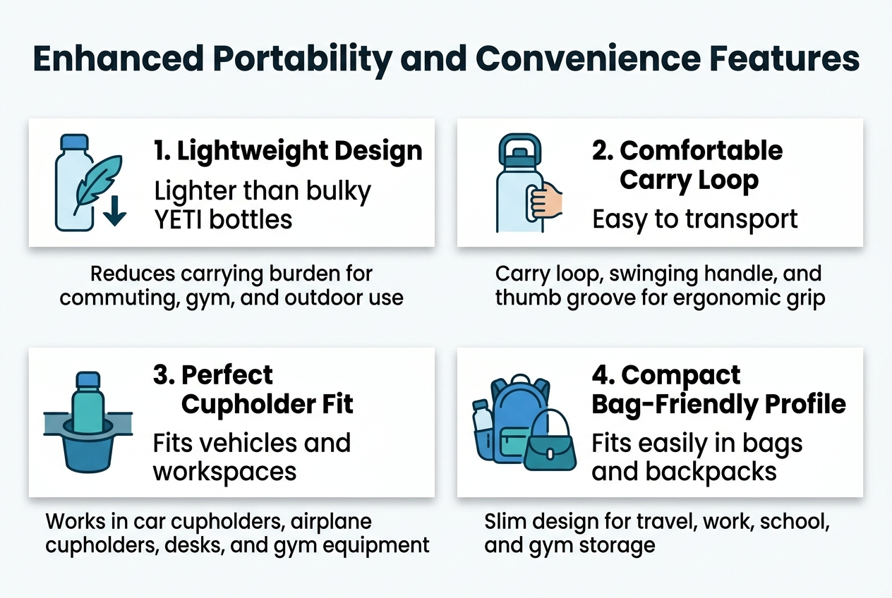 Create a clean, modern infographic illustration in a 3:2 aspect ratio with a full-bleed layout, white background, blue and teal accents, dark charcoal text, and a crisp sans-serif font.

Top header across the full width:
Bold title text: "Enhanced Portability and Convenience Features"

Below the title, arrange four wide horizontal feature blocks in a 2x2 grid, each with a colored icon on the left, a bold numbered heading, and short supporting text.

Block 1, top left:
A simple lightweight water bottle icon with a feather and downward arrow.
Heading text: "1. Lightweight Design"
Body text: "Lighter than bulky YETI bottles"
Smaller text line: "Reduces carrying burden for commuting, gym, and outdoor use"

Block 2, top right:
A bottle with a comfortable carry loop and a hand grip icon.
Heading text: "2. Comfortable Carry Loop"
Body text: "Easy to transport"
Smaller text line: "Carry loop, swinging handle, and thumb groove for ergonomic grip"

Block 3, bottom left:
A car cupholder icon with a bottle fitting neatly inside.
Heading text: "3. Perfect Cupholder Fit"
Body text: "Fits vehicles and workspaces"
Smaller text line: "Works in car cupholders, airplane cupholders, desks, and gym equipment"

Block 4, bottom right:
A backpack and purse icon with a slim bottle sliding into a side pocket.
Heading text: "4. Compact Bag-Friendly Profile"
Body text: "Fits easily in bags and backpacks"
Smaller text line: "Slim design for travel, work, school, and gym storage"

Use clean dividers between blocks, subtle shadowed panels, strong visual hierarchy, bold headings, and small icon markers for each section. Keep the layout spacious, balanced, and professional with no extra text beyond the specified wording.