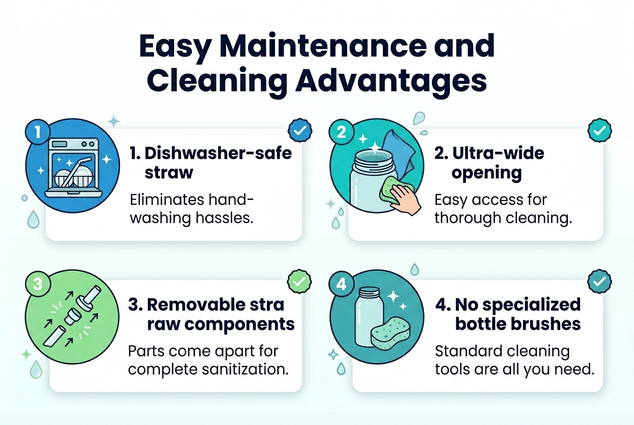 Create a clean, modern infographic illustration in a 3:2 aspect ratio with a full-bleed layout and no frame, using a white background with teal, blue, and light green accents, bold sans-serif typography, and clear visual hierarchy.

Top center: large bold title in dark navy text, "Easy Maintenance and Cleaning Advantages".

Below the title, arrange four wide horizontal feature blocks in a 2x2 grid with rounded rectangles, each block containing a numbered circle, an icon, a short heading, and a supporting line of text.

1) Top left block: a blue circular icon of a dishwasher with a straw inside. Heading text: "1. Dishwasher-safe straw". Supporting text: "Eliminates hand-washing hassles." Show the straw placed inside a dishwasher tray with clean sparkles.

2) Top right block: a teal circular icon of an ultra-wide bottle opening with a cleaning brush and sponge nearby. Heading text: "2. Ultra-wide opening". Supporting text: "Easy access for thorough cleaning." Show a hand cleaning the wide mouth bottle interior with a sponge.

3) Bottom left block: a green circular icon of removable straw parts separated into three clean pieces. Heading text: "3. Removable straw components". Supporting text: "Parts come apart for complete sanitization." Show exploded-view components with small arrows.

4) Bottom right block: a blue-green circular icon of a bottle next to a regular sponge and cloth, with no brush. Heading text: "4. No specialized bottle brushes". Supporting text: "Standard cleaning tools are all you need." Show a simple sponge and cloth cleaning the bottle.

Add small checkmark badges beside each feature, subtle water droplet and sparkle accents around the blocks, and a polished product infographic style. Use dark navy for headings, medium gray for supporting text, and bright accent colors for icons and numbered circles.