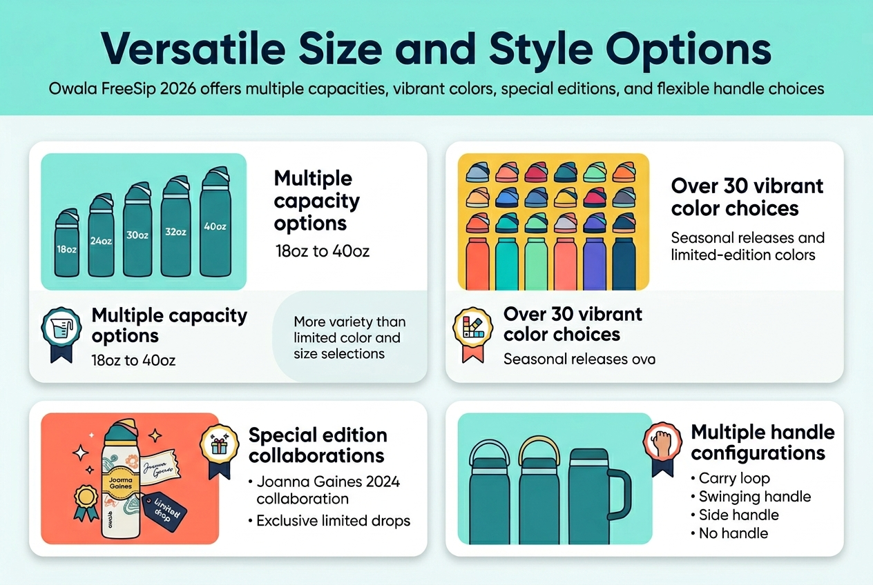 Create a clean, professional full-bleed infographic in a wide 3:2 aspect ratio, with a bright modern lifestyle brand aesthetic using teal, aqua, coral, yellow, white, and dark navy accents. Use bold sans-serif fonts, clear visual hierarchy, and a horizontal multi-section layout with no vertical poster framing.

Top header across the full width:
"Versatile Size and Style Options"
Smaller subtitle directly below:
"Owala FreeSip 2026 offers multiple capacities, vibrant colors, special editions, and flexible handle choices"

Main content in four wide horizontal blocks or panels across the center, each with a large icon and short text:

1) Left block:
A set of five bottle silhouettes in different sizes, labeled 18oz, 24oz, 30oz, 32oz, 40oz
Text:
"Multiple capacity options"
"18oz to 40oz"
Small badge icon of a measuring cup or water droplet

2) Second block:
A grid of more than 30 colorful bottle caps and bottle bodies in vivid colors, arranged like a palette wall
Text:
"Over 30 vibrant color choices"
"Seasonal releases and limited-edition colors"
Small starburst or color-swatch icon

3) Third block:
A premium special-edition bottle with decorative collaboration styling, a ribbon label, and a limited-drop tag
Text:
"Special edition collaborations"
"Joanna Gaines 2024 collaboration"
"Exclusive limited drops"
Small sparkle or gift icon

4) Right block:
Three different handle illustrations shown side by side: carry loop, swinging handle, side handle, plus one version with no handle
Text:
"Multiple handle configurations"
"Carry loop"
"Swinging handle"
"Side handle"
"No handle"
Small handgrip icon

Add a subtle comparison accent near the size and color sections:
"More variety than limited color and size selections"

Use clean spacing, soft shadows, rounded cards, and icon markers for each section. Keep the layout wide, balanced, and easy to scan, with all text crisp and legible.